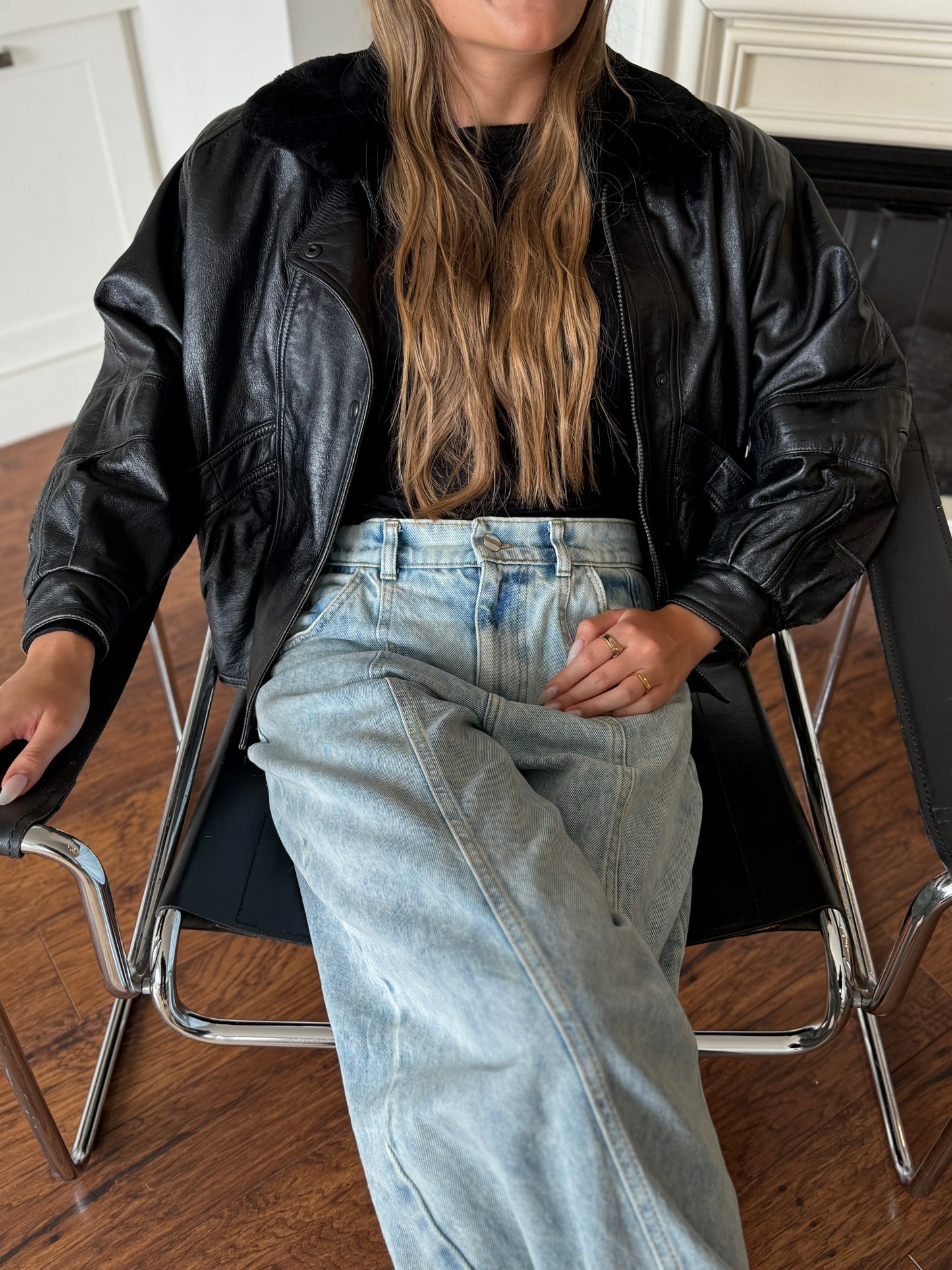 Vintage Black Leather Bomber Jacket with fur collar