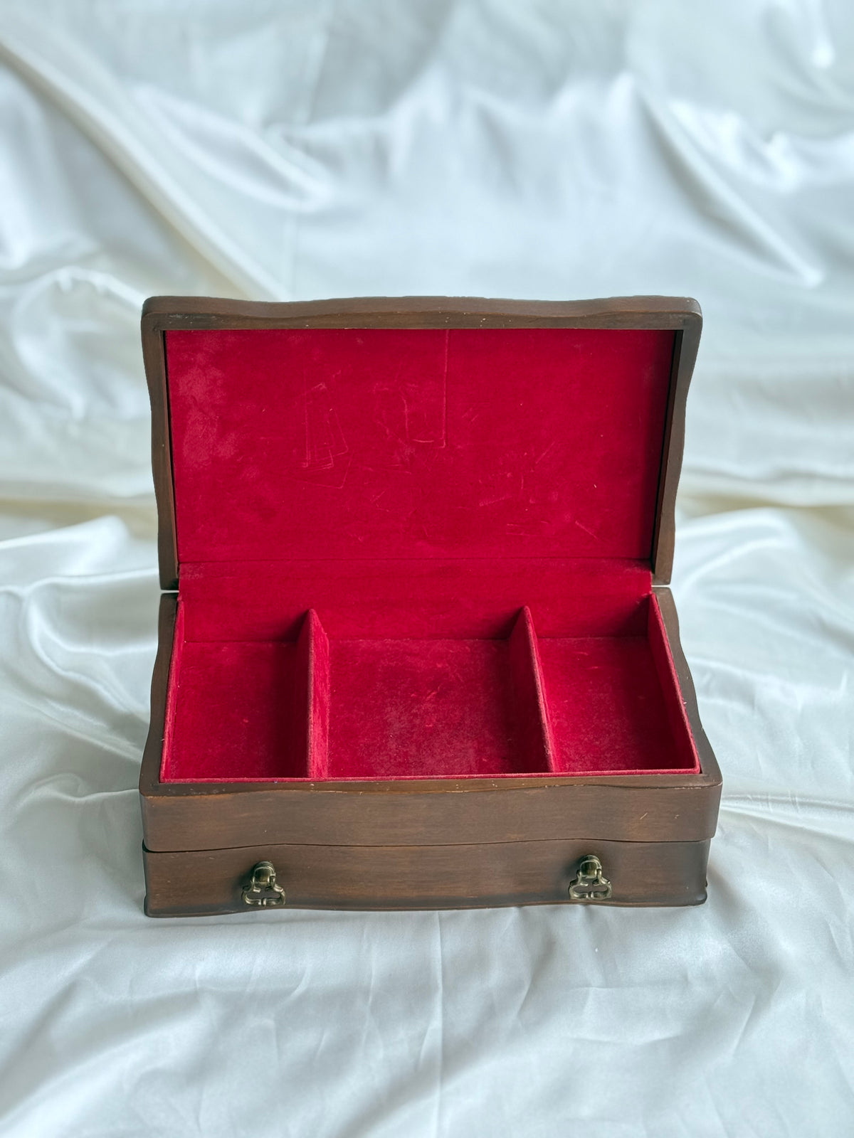 Vintage Wooden Jewelry Box with Red Velvet Interior
