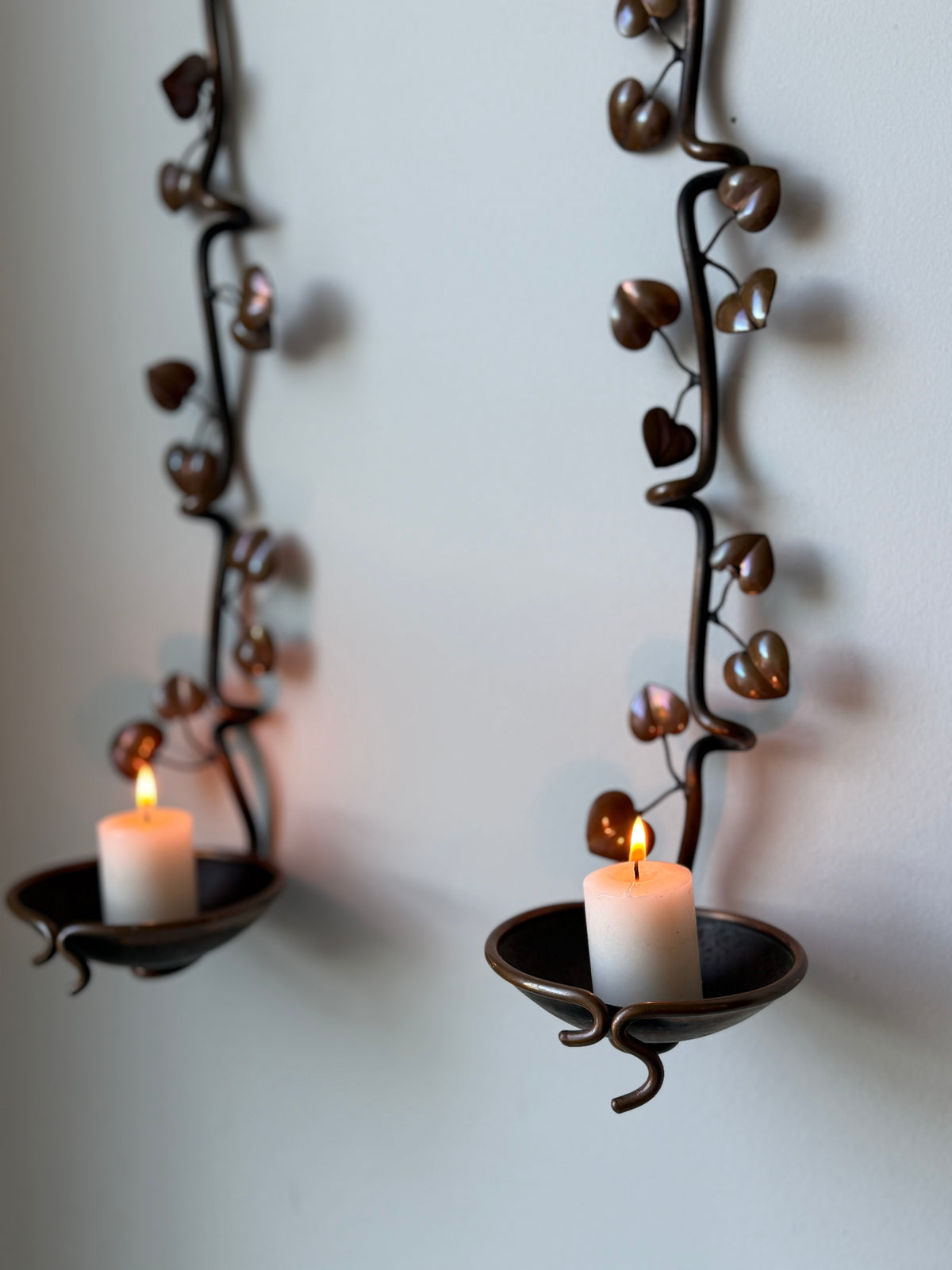 Vintage Handcrafted Botanical Vine Wall Candle Sconces – Pair