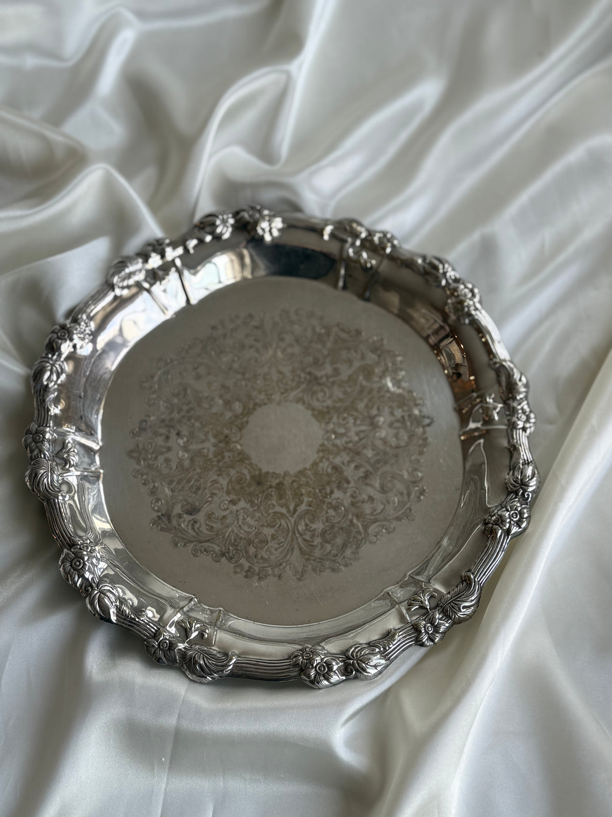 Vintage Ornate Silver Plated Round Serving Tray