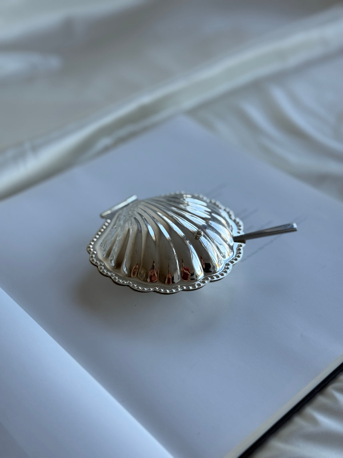 Vintage Silver-Plated Shell Sugar Bowl with Glass Insert & Spoon