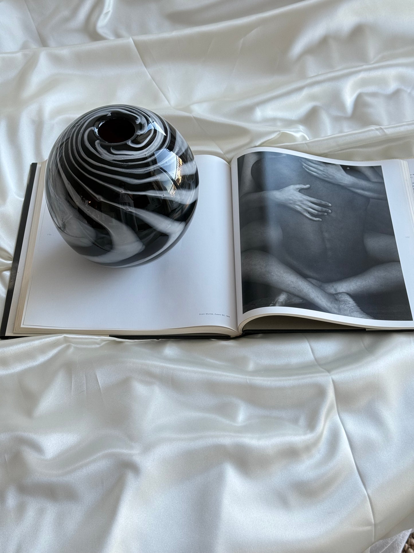 Vintage Hand-Blown Black & White Swirl Glass Vase