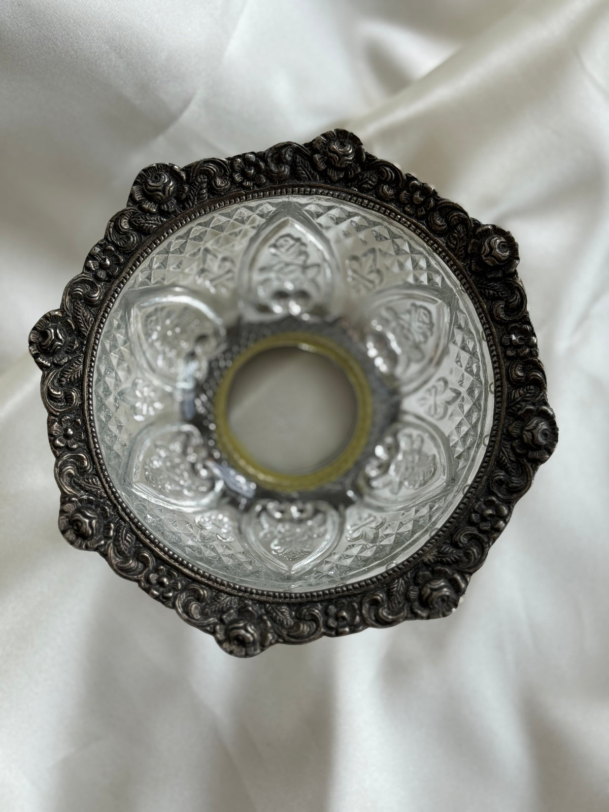 Vintage Pressed Glass Bowl with Ornate Silver-Tone Metal Rim