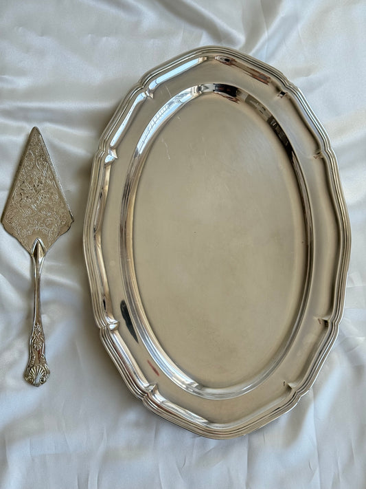 Vintage Large Silver Plated Serving Tray & Cake Server Set