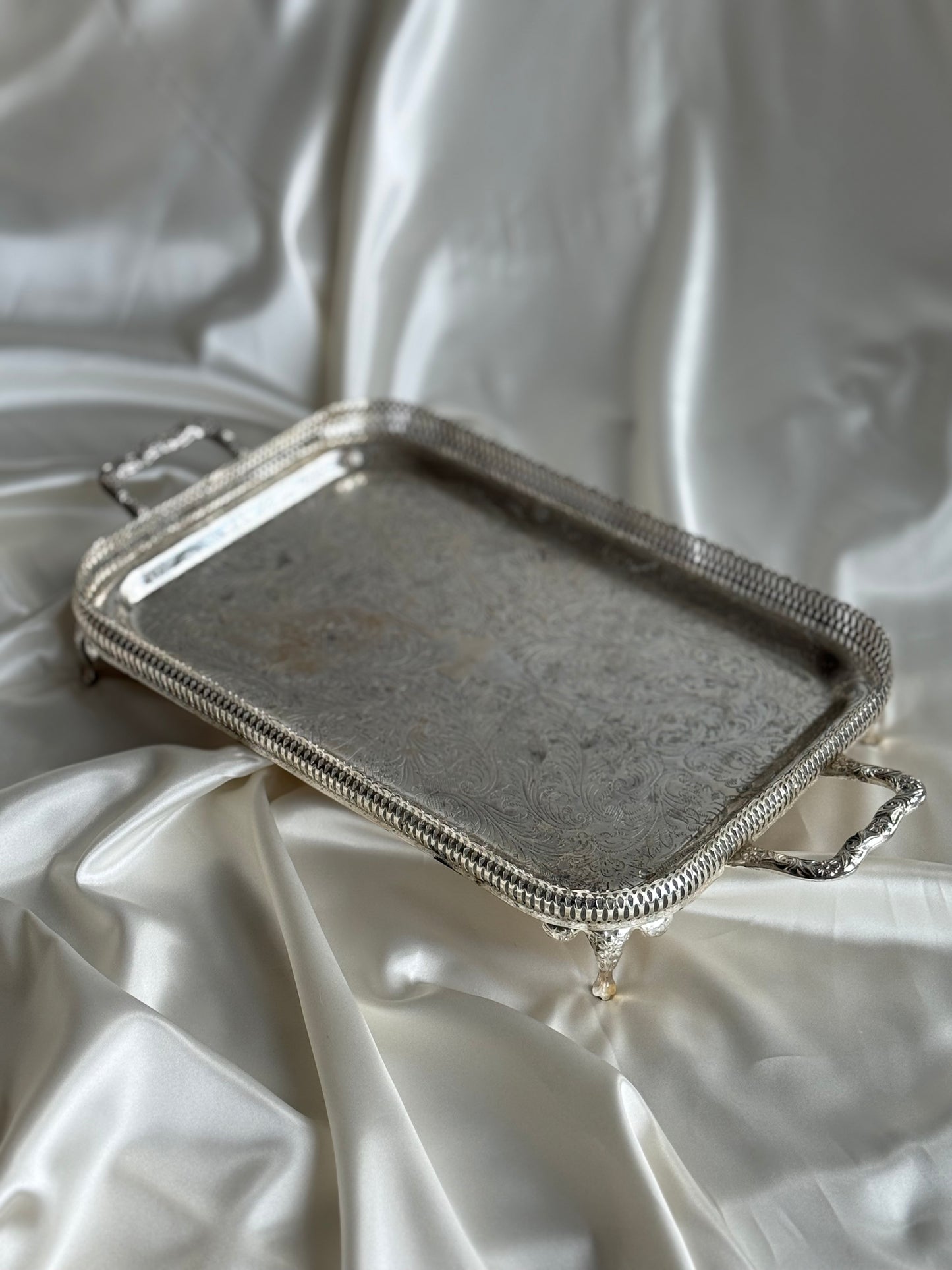 Vintage Silver Plated Serving Tray with Handles – Ornate Footed Design