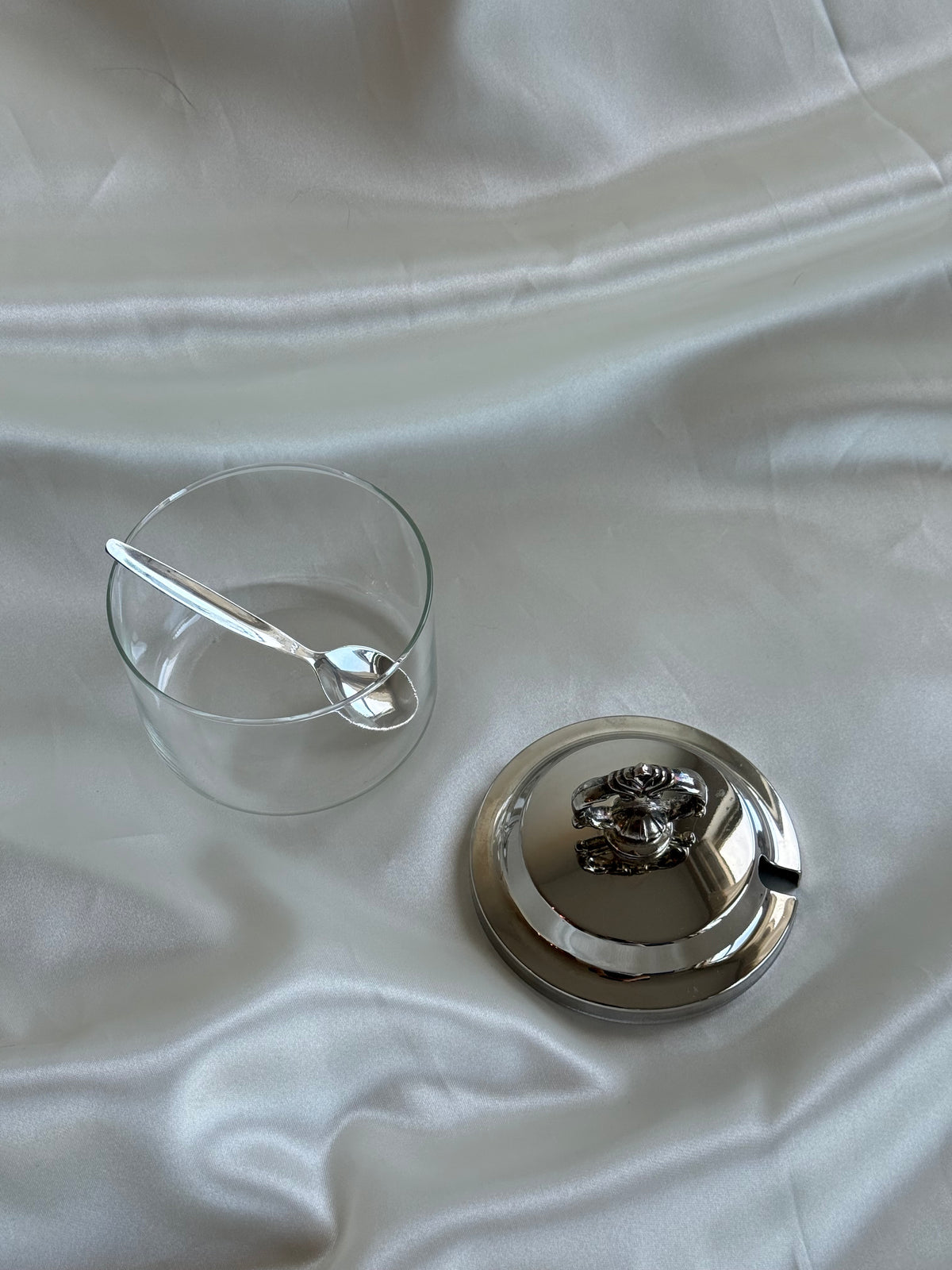 Vintage Silver Plated and Glass Condiment Jar with Ornate Lid & Spoon – Elegant Covered Serving Dish