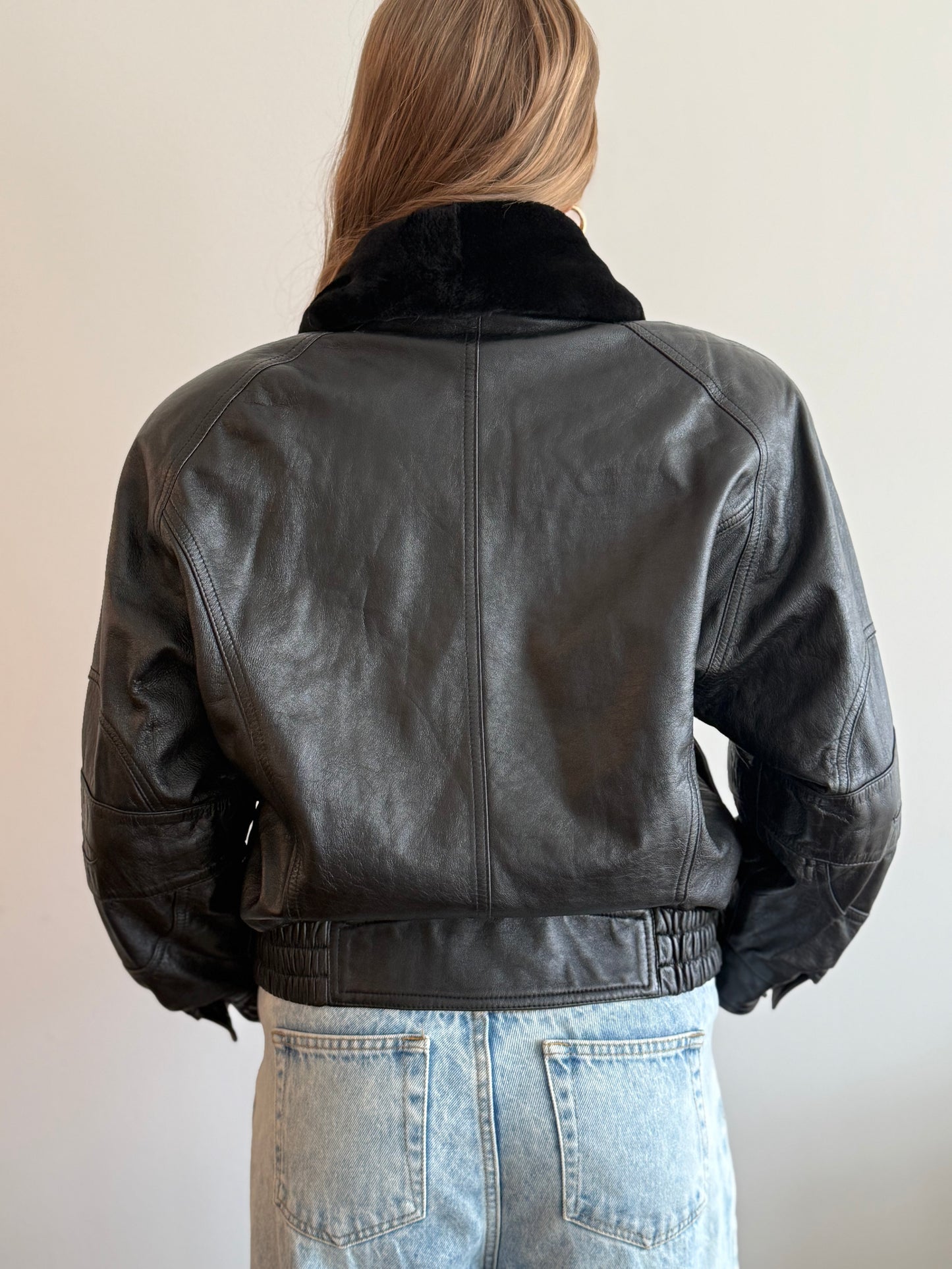 Vintage Black Leather Bomber Jacket with fur collar