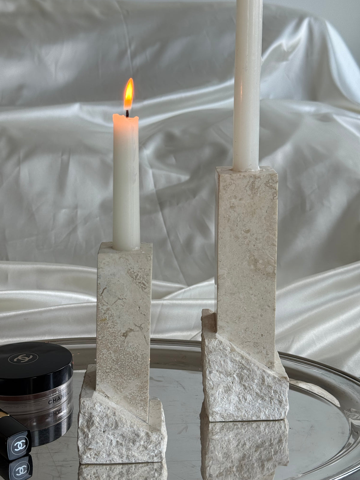 Vintage Renoir Designs Sculptural Travertine Candle Holders – Set of 2