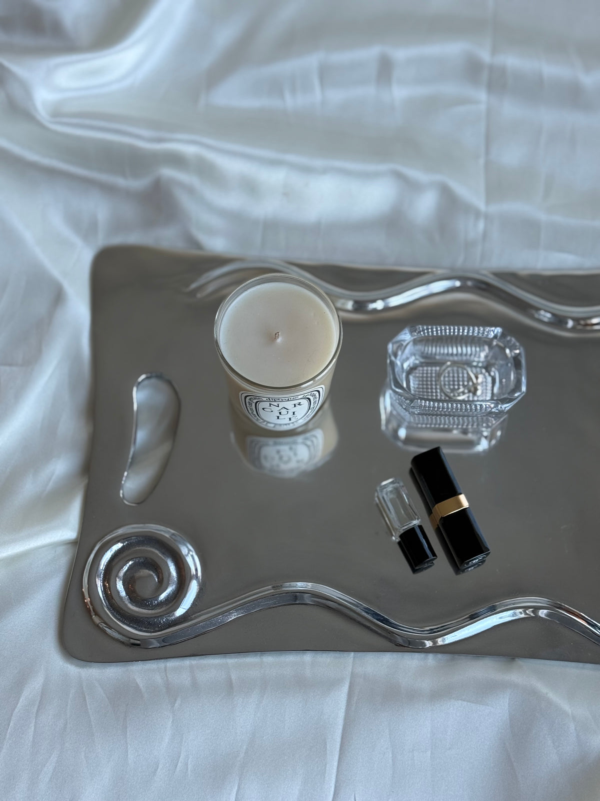 Vintage Sculptural Pewter Serving Tray – Modernist Wave & Spiral Design