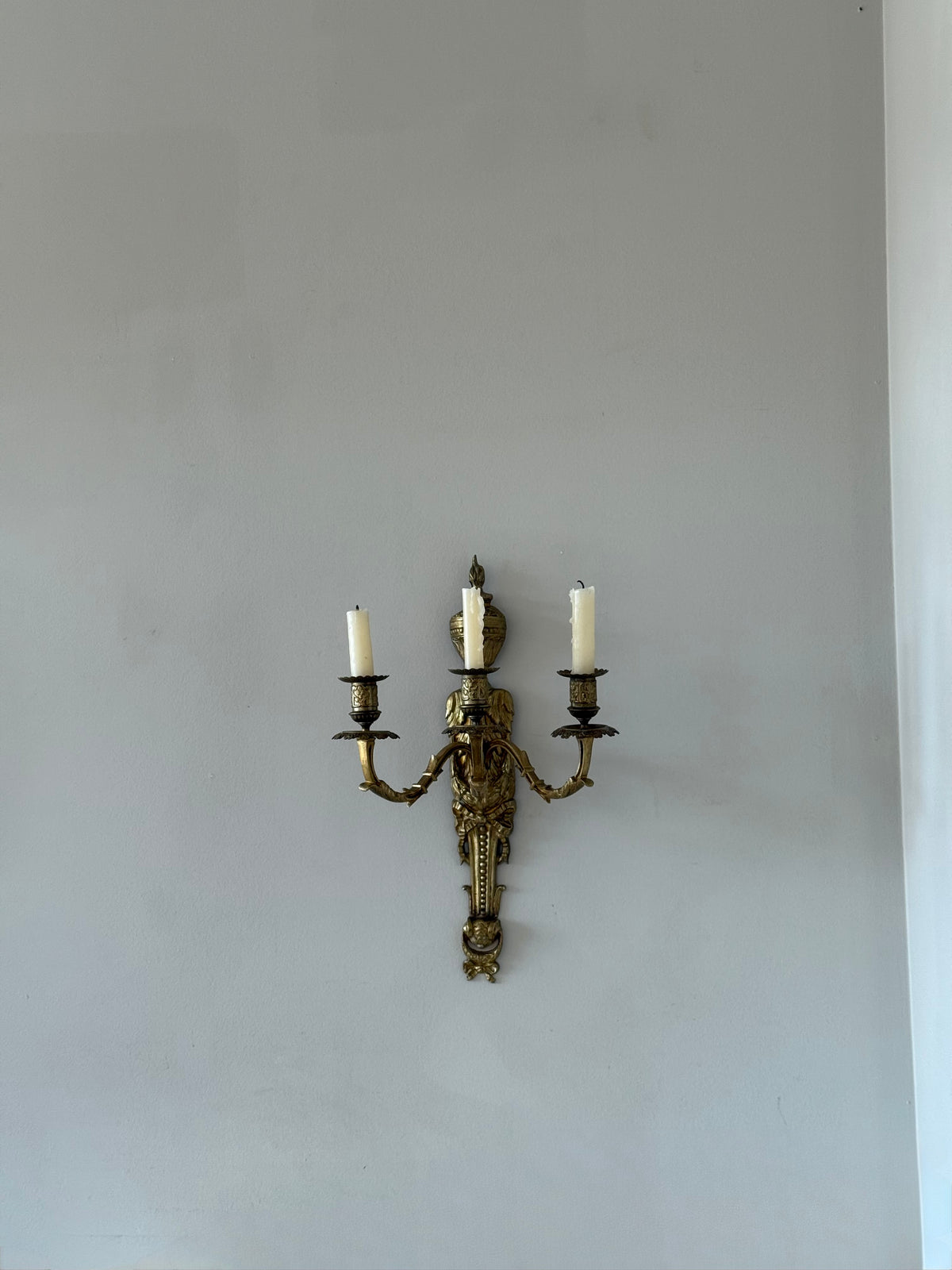 Antique French Solid Brass Three-Arm Wall Sconce, Louis XVI Revival