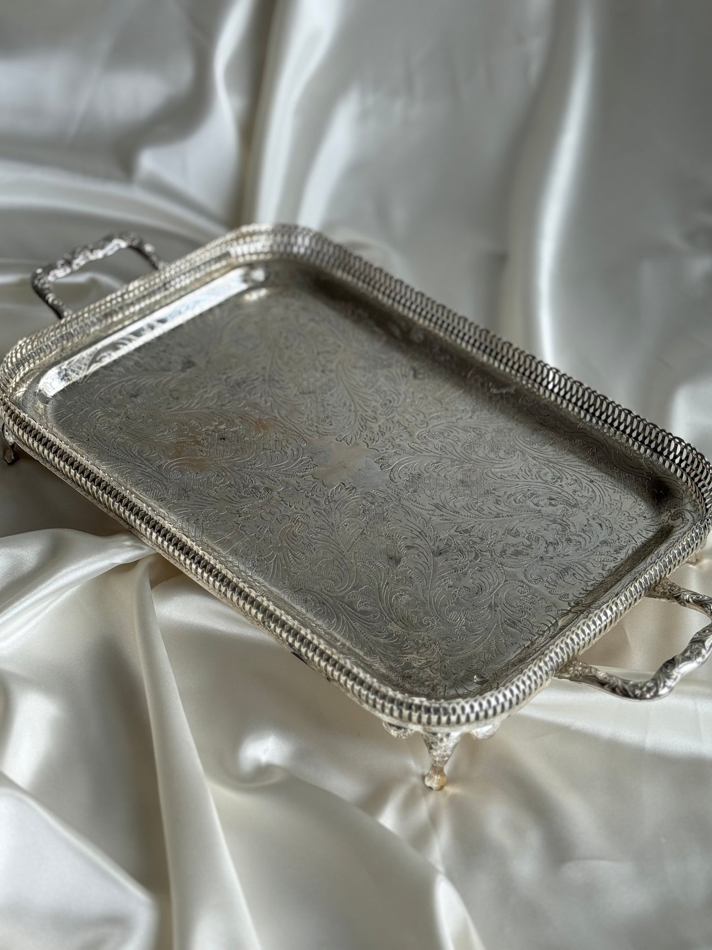 Vintage Silver Plated Serving Tray with Handles – Ornate Footed Design