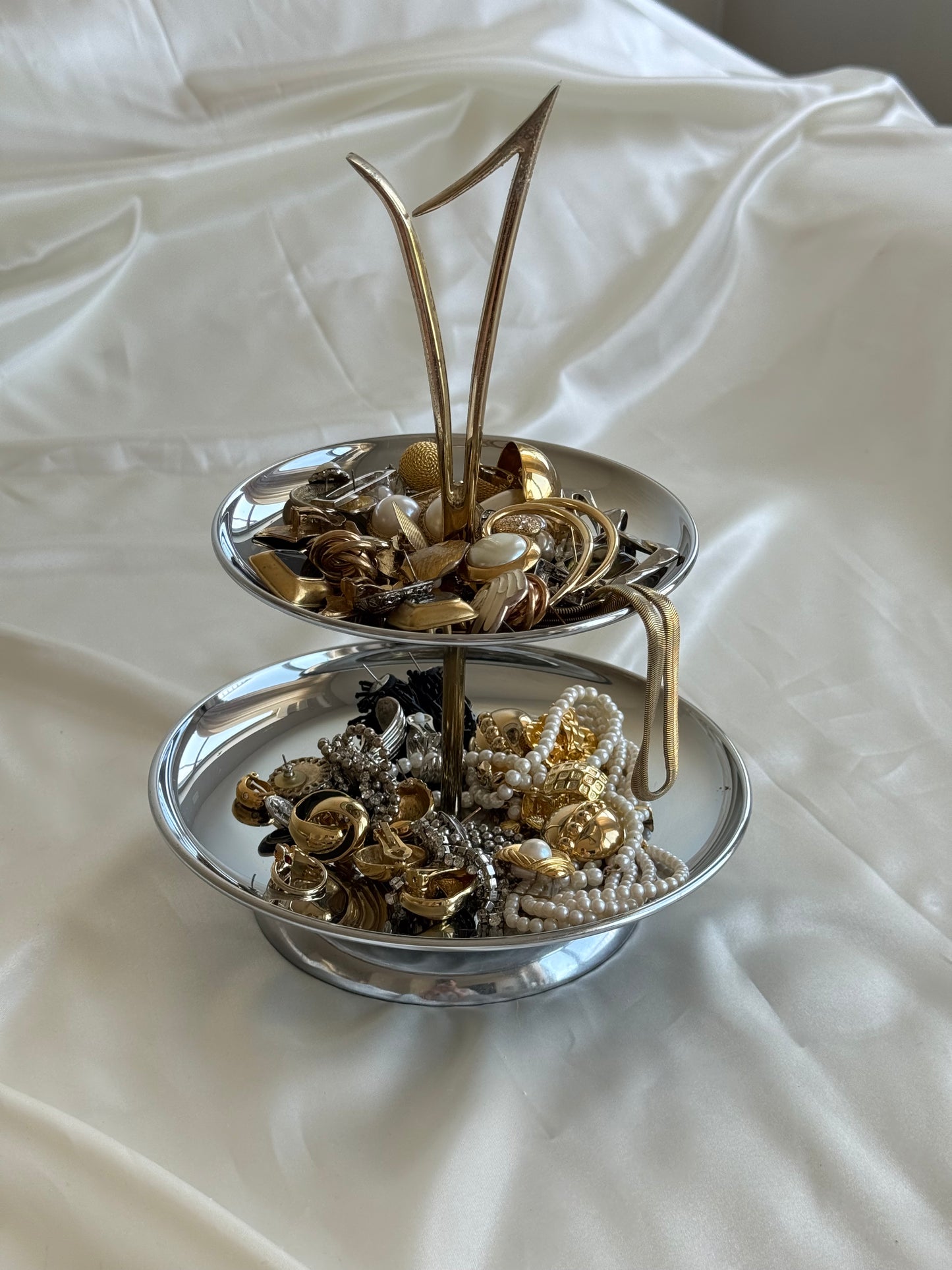 Vintage Two-Tier Chrome Jewelry Stand / Serving Tray