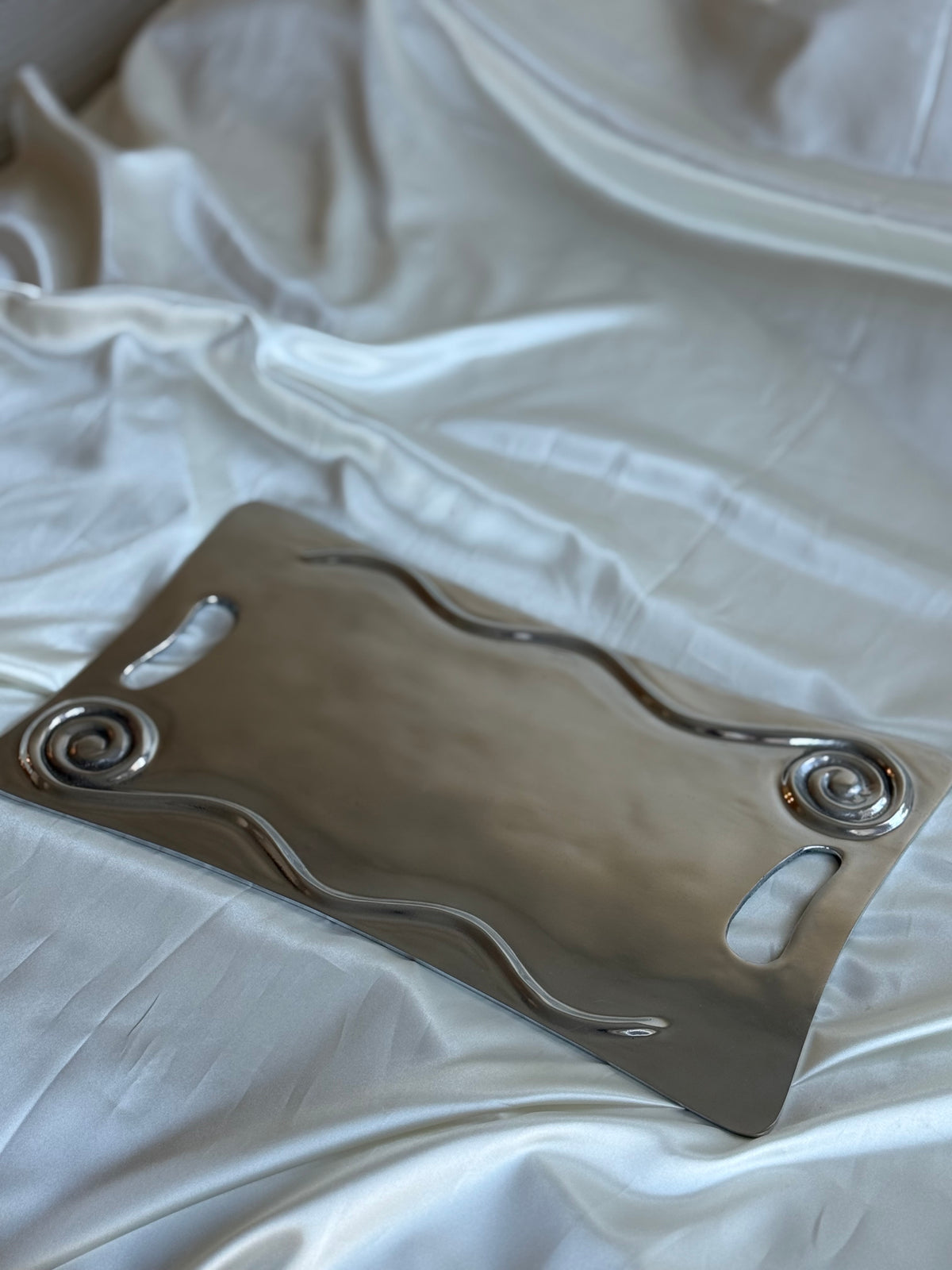 Vintage Sculptural Pewter Serving Tray – Modernist Wave & Spiral Design