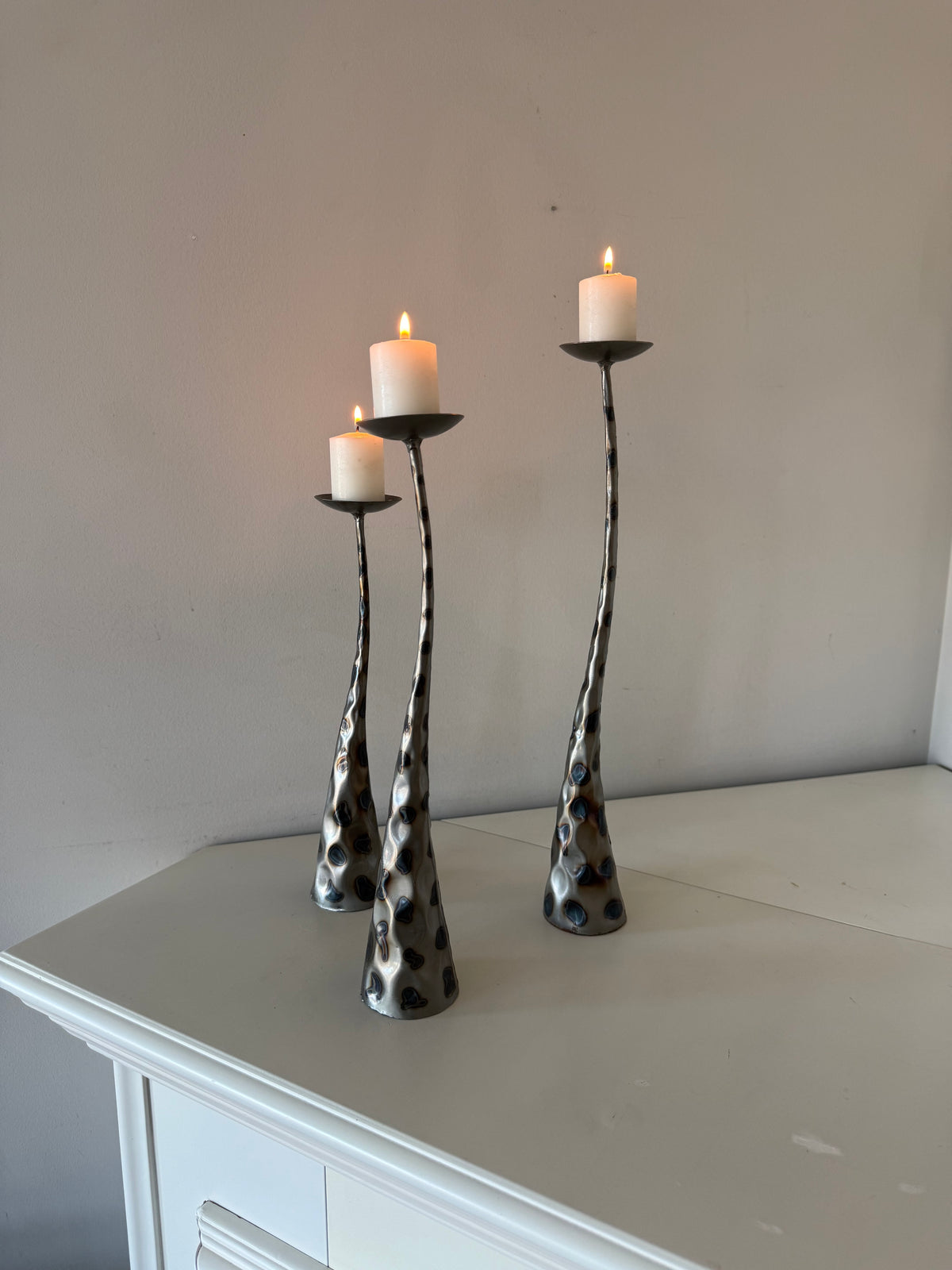 Vintage Brutalist Style Sculptural Metal Pillar Candle Holders – Set of Three