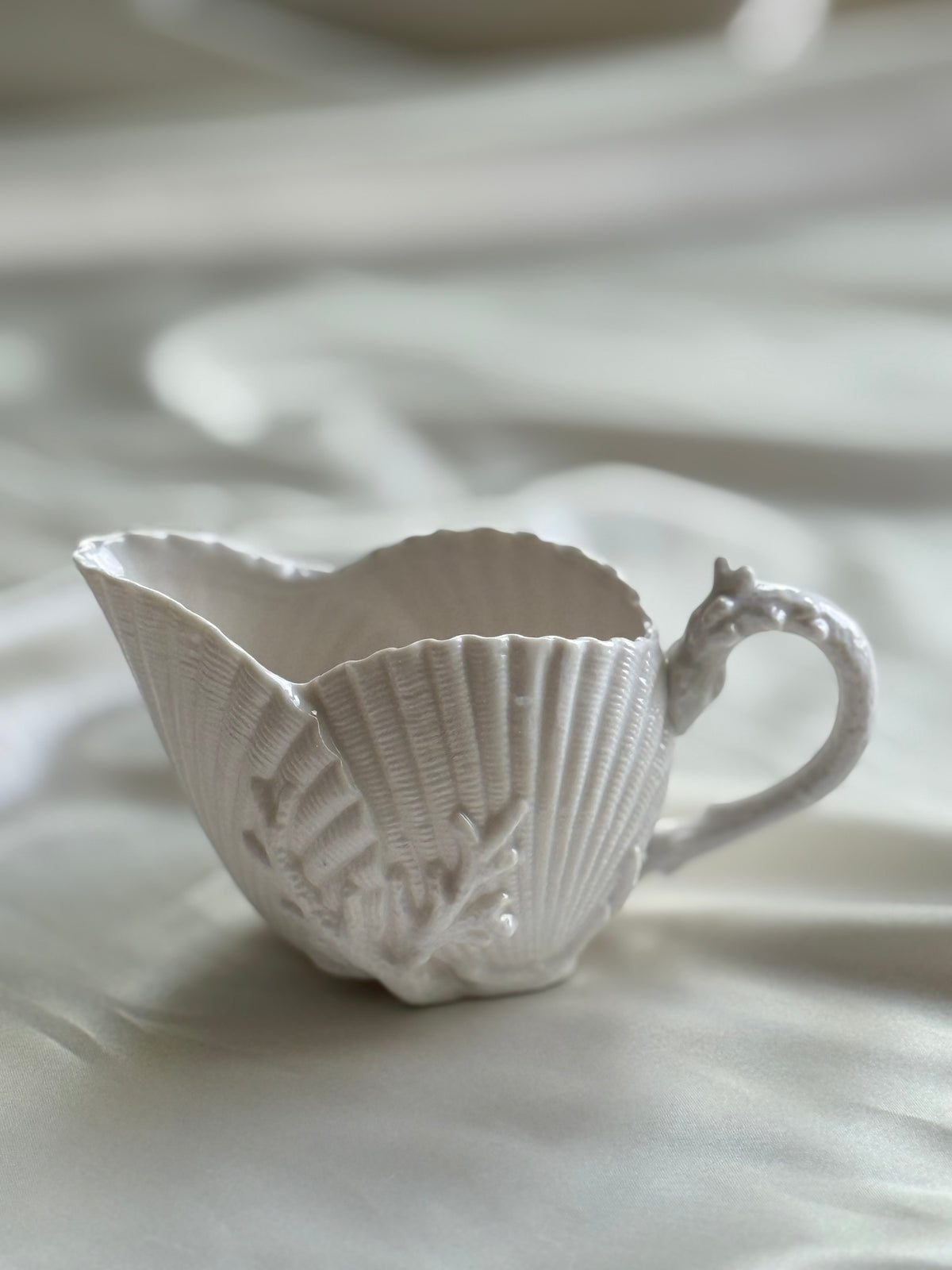 Vintage White Porcelain Shell Creamer with Seahorse Handle