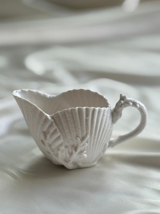 Vintage White Porcelain Shell Creamer with Seahorse Handle