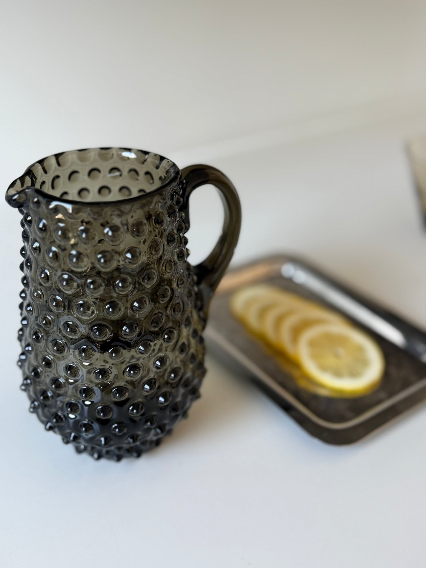 Vintage Smoky Glass Hobnail Pitcher