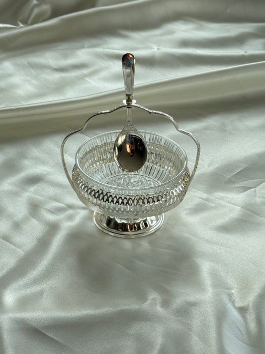 Vintage English Silver Plate Condiment Server with Glass Insert & Spoon