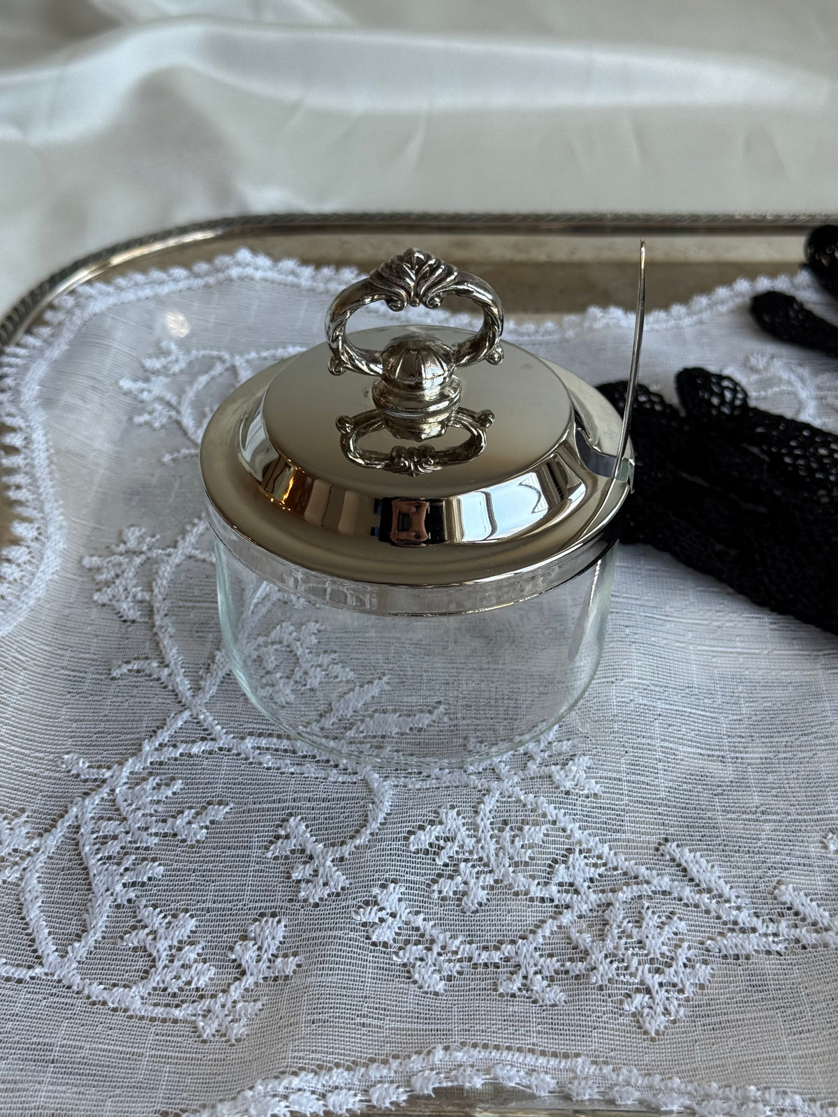 Vintage Silver Plated and Glass Condiment Jar with Ornate Lid & Spoon – Elegant Covered Serving Dish