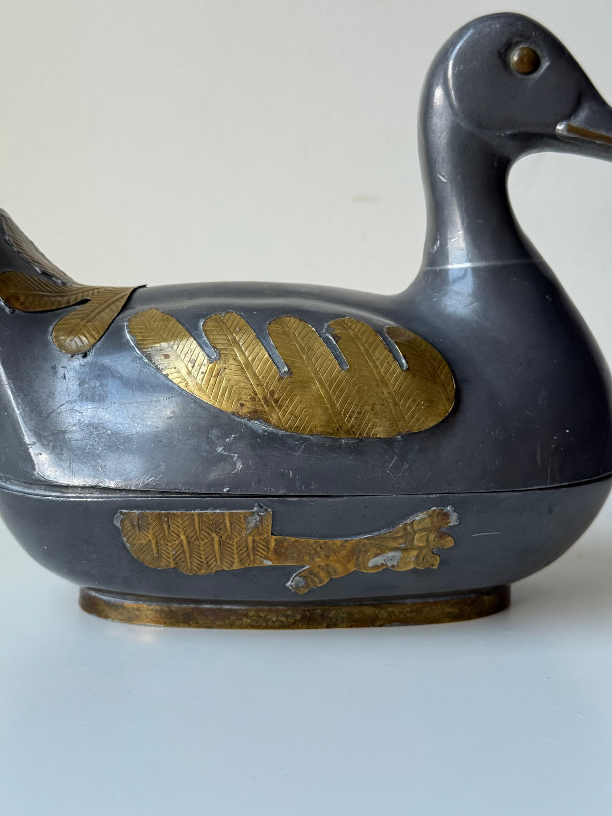 Vintage Pewter and Brass Duck-Shaped Trinket Box