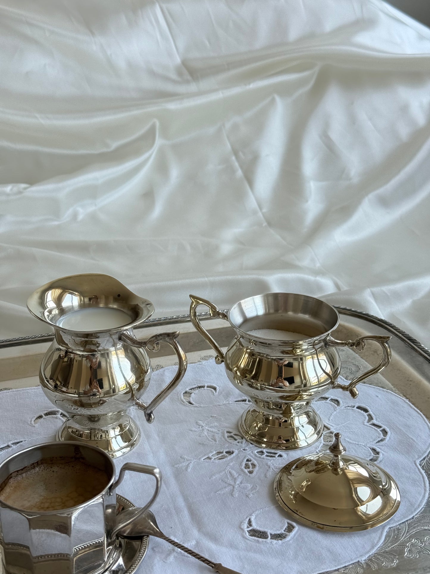 Silver-Plated on Brass Creamer & Covered Sugar Bowl