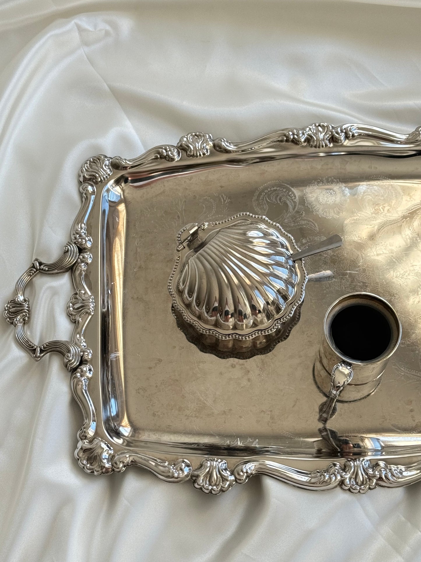 Vintage Silver-Plated Serving Tray with Shell Motif Handles