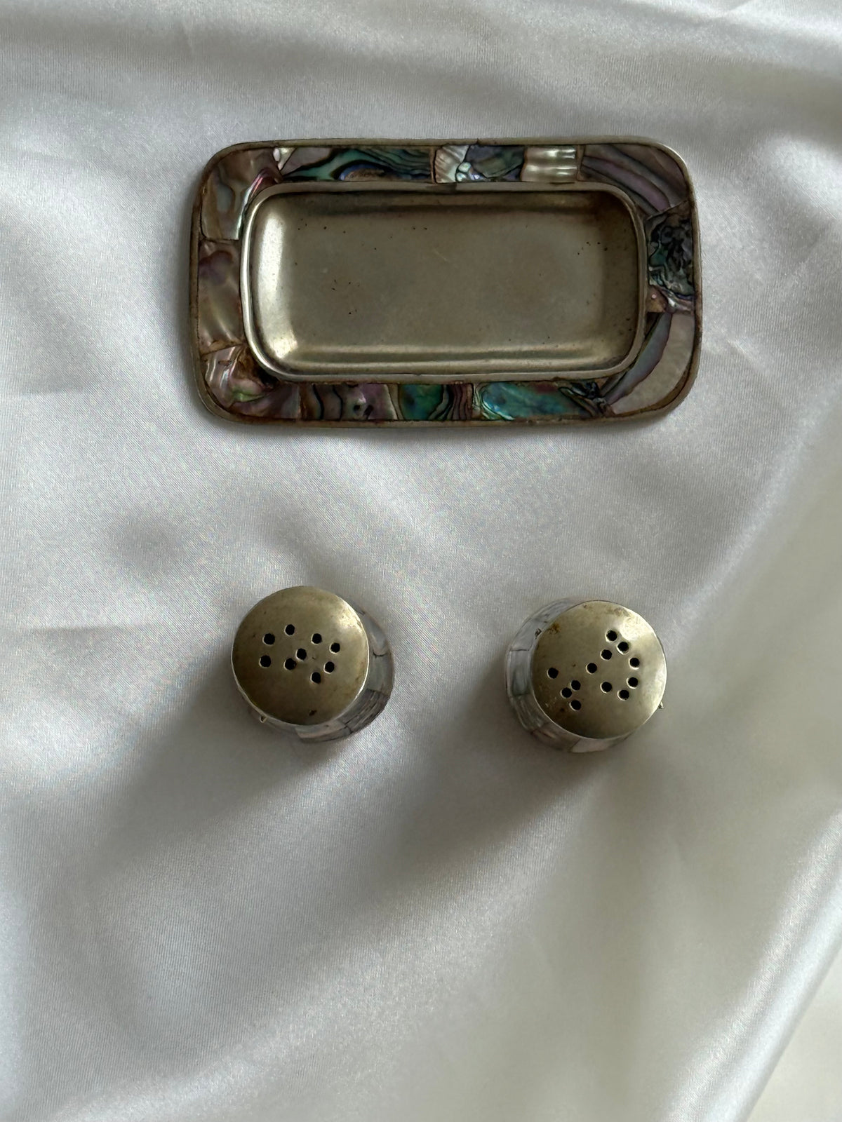 Vintage Abalone Shell Salt & Pepper Shakers with Matching Tray