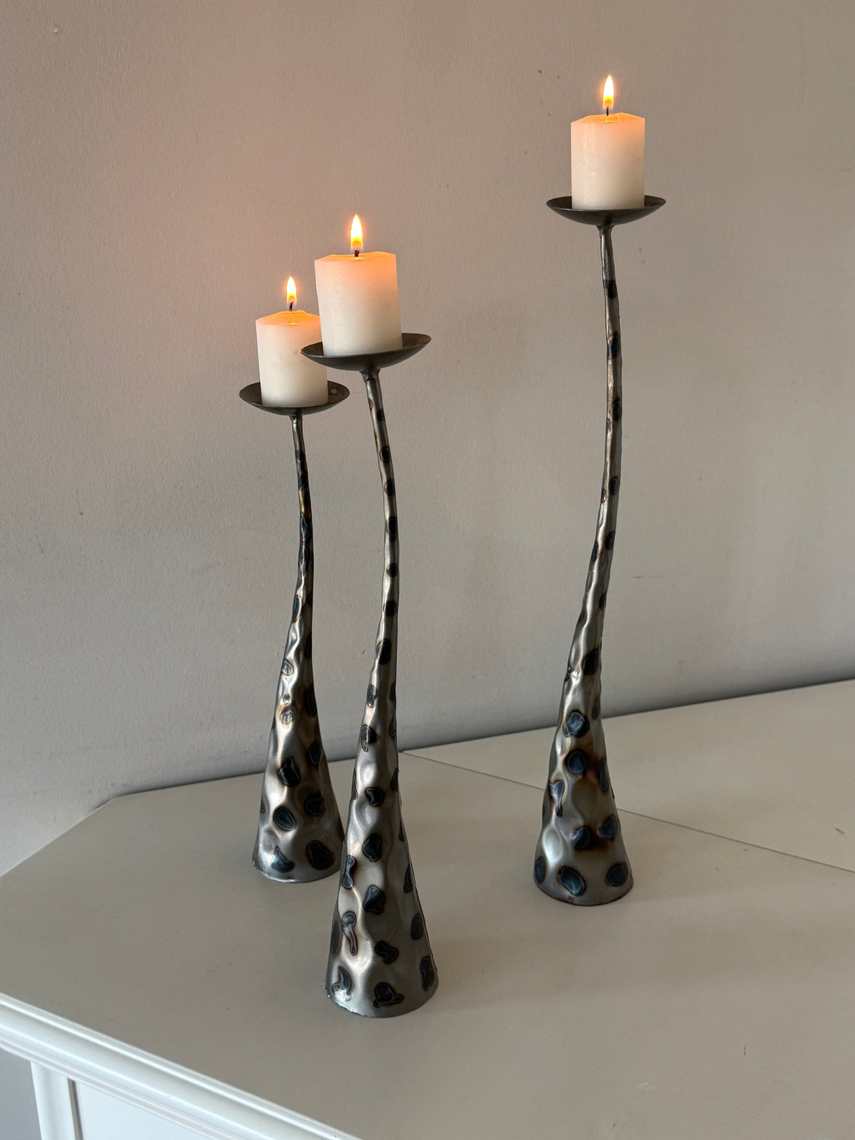 Vintage Brutalist Style Sculptural Metal Pillar Candle Holders – Set of Three