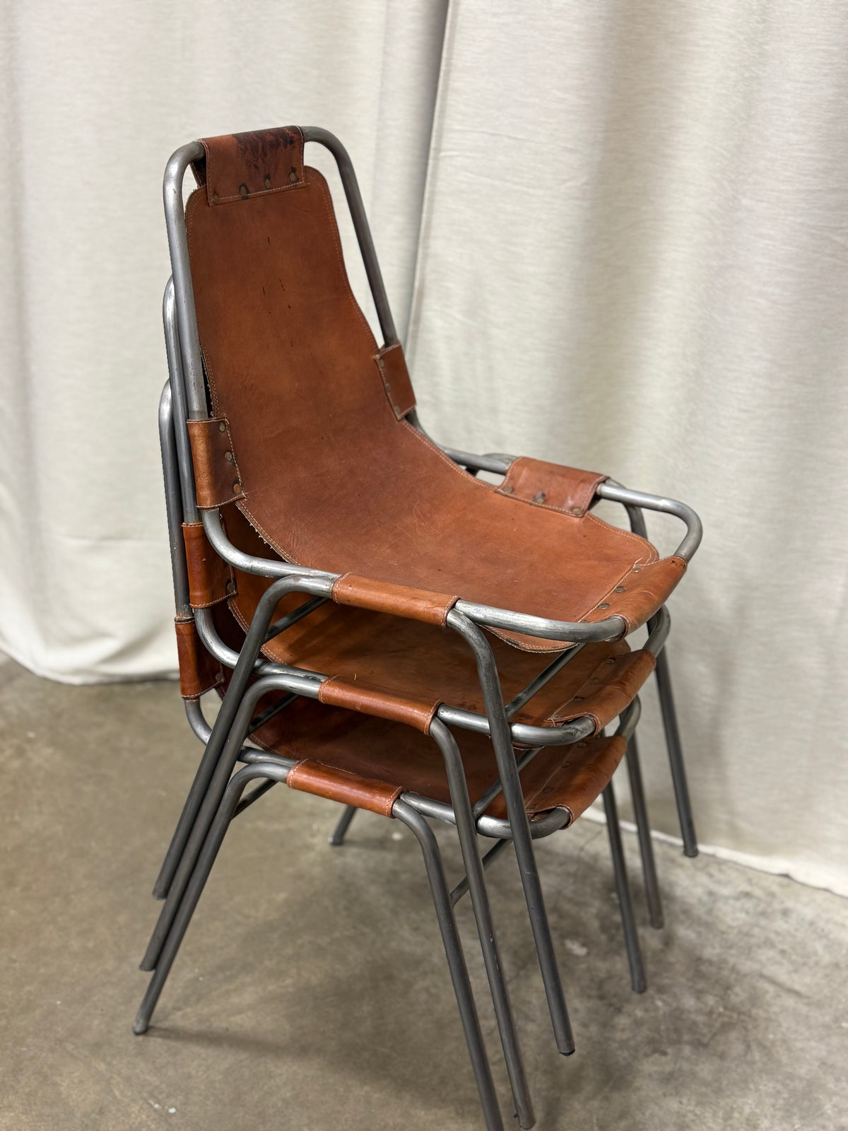 Set of 3 Vintage Dal Vera Model 860 “Les Arcs” Cognac Leather Chairs, c. 1960s–70s