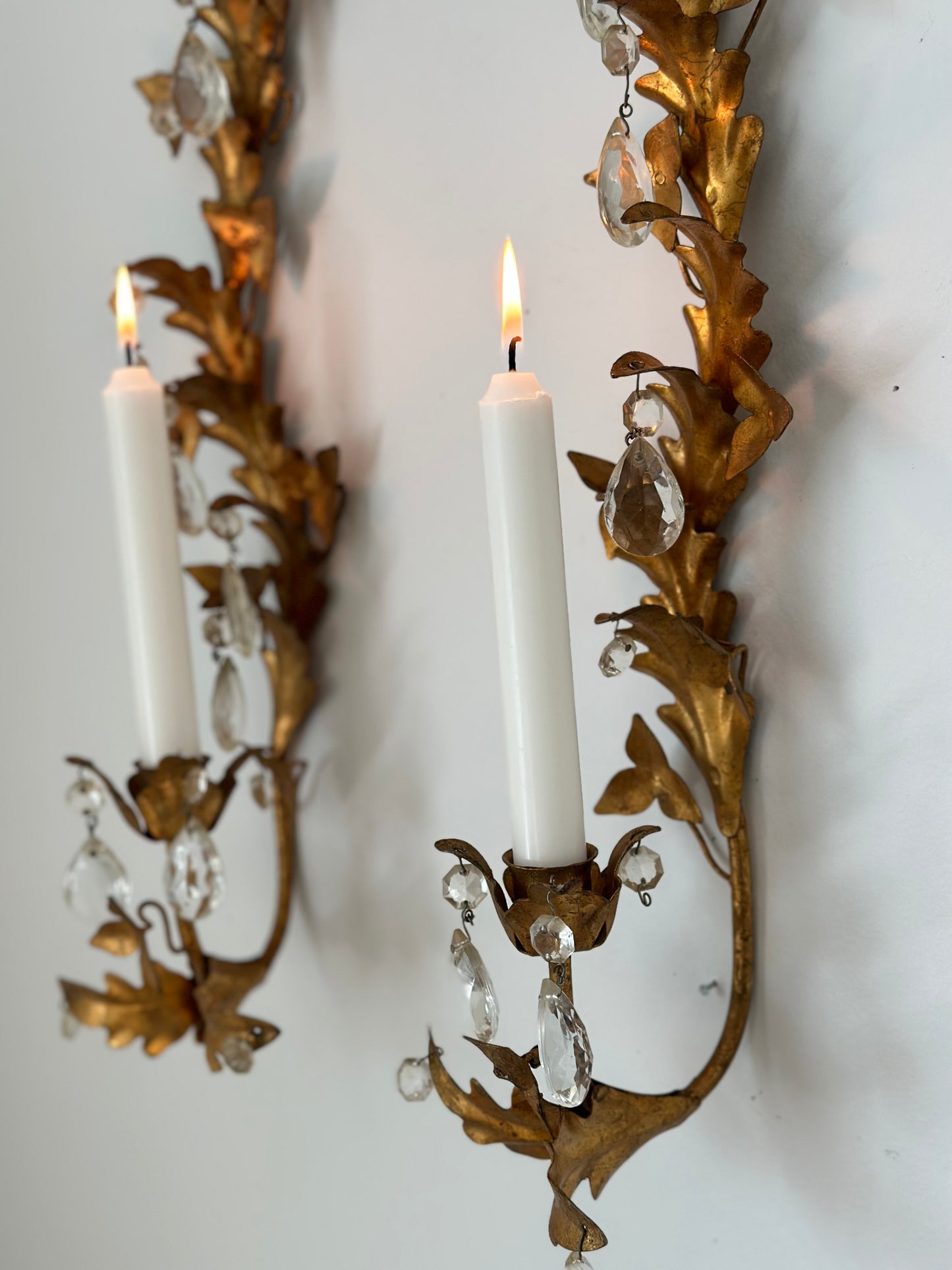 Vintage Italian Gilt Tole & Crystals Candle Sconces