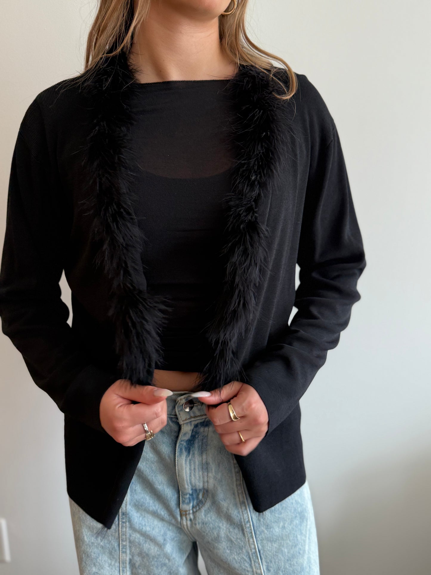 Vintage Black Feather-Trim Knit Cardigan