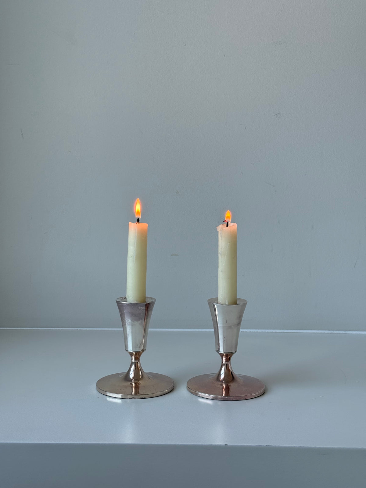 Vintage Silver-Plated Modernist Candlesticks — Pair
