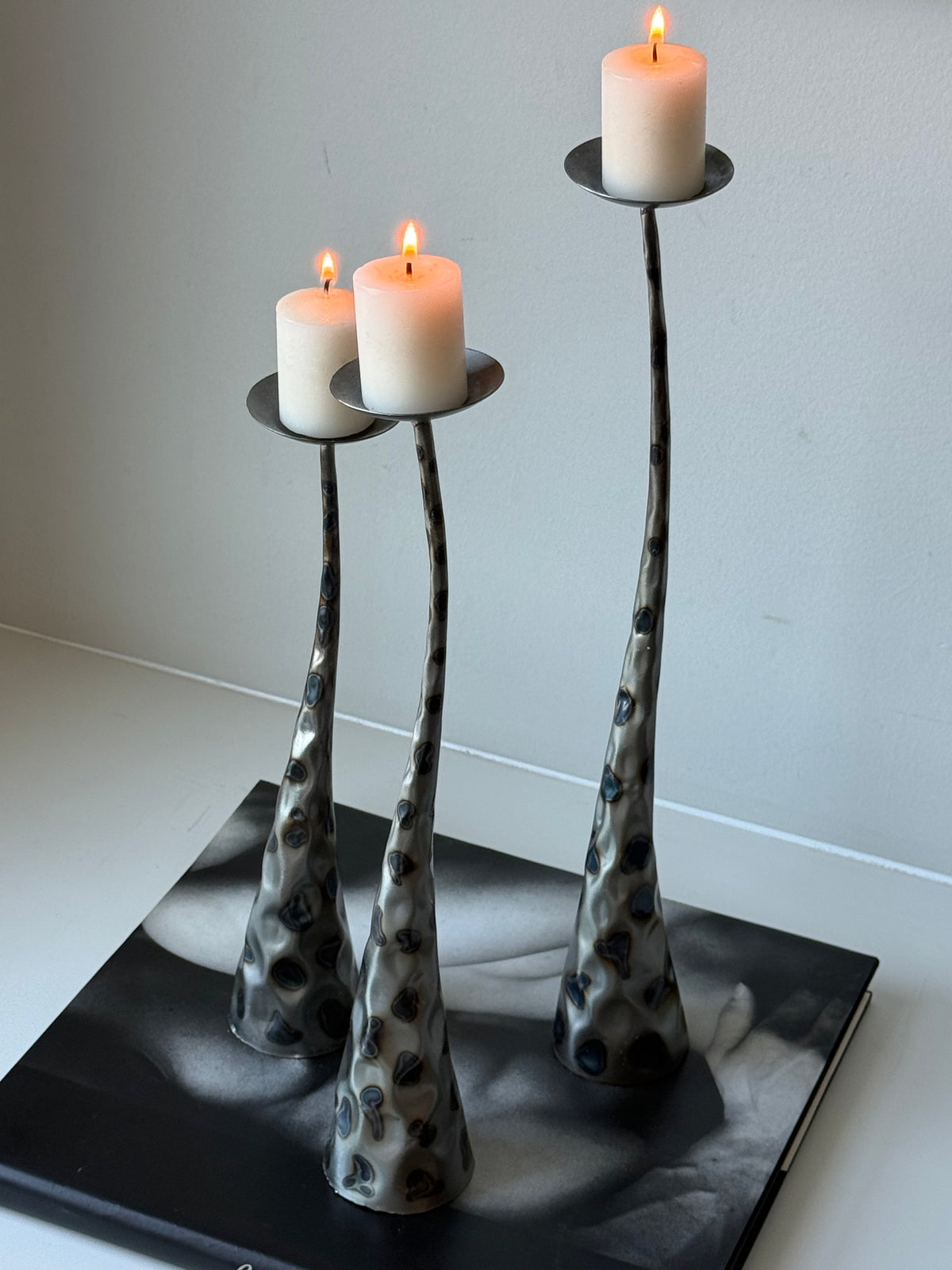 Vintage Brutalist Style Sculptural Metal Pillar Candle Holders – Set of Three