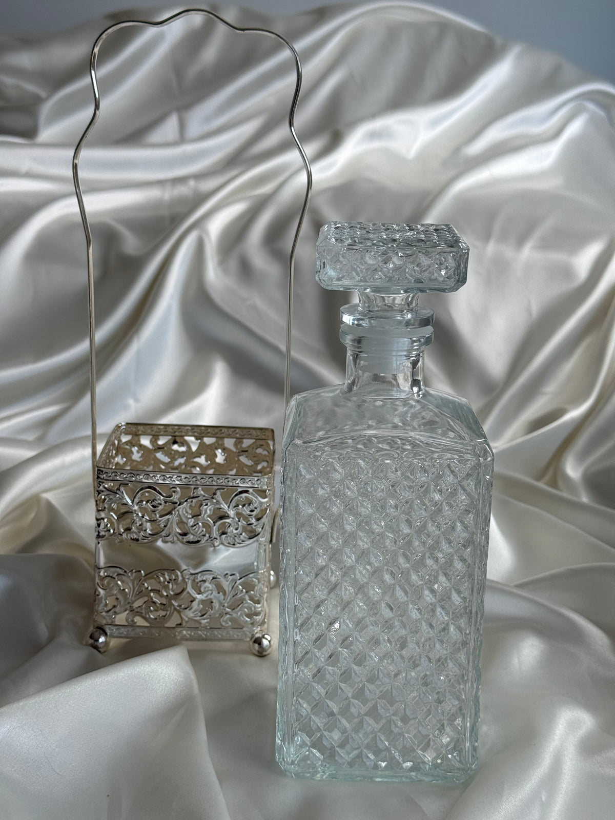 Vintage Italian Pressed Glass Decanter with Silver-Plated Caddy
