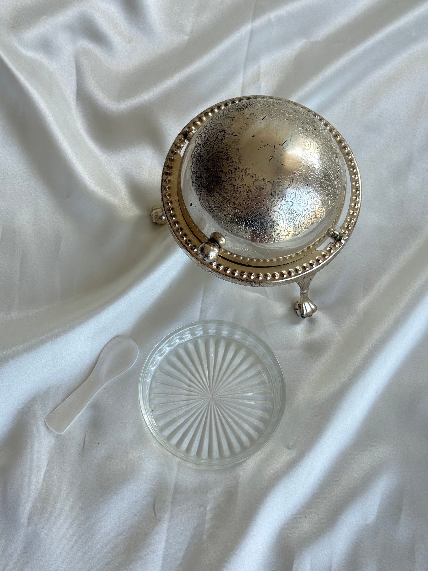 Vintage English Silver Plated Caviar Server with Frosted Glass Insert & Mother of Pearl Spoon