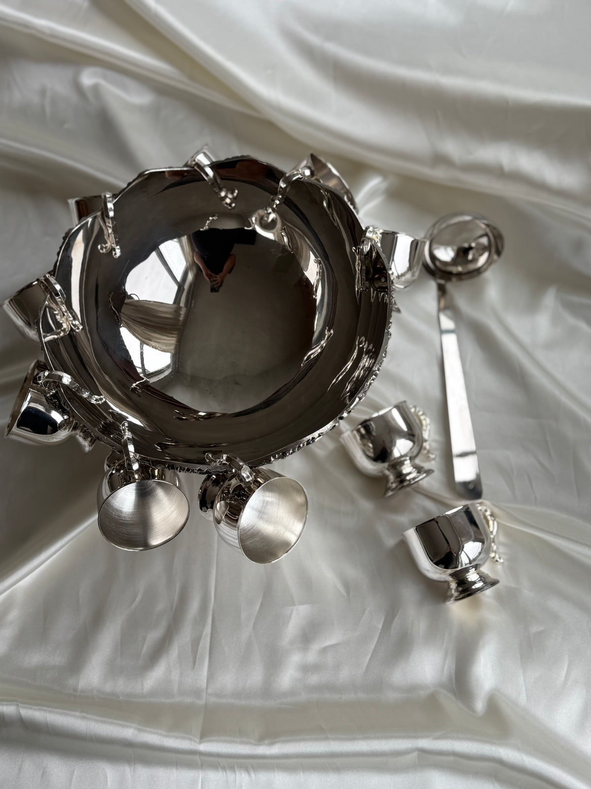 Vintage Silver-Plated Punch Bowl Set with 10 Hanging Cups & Ladle
