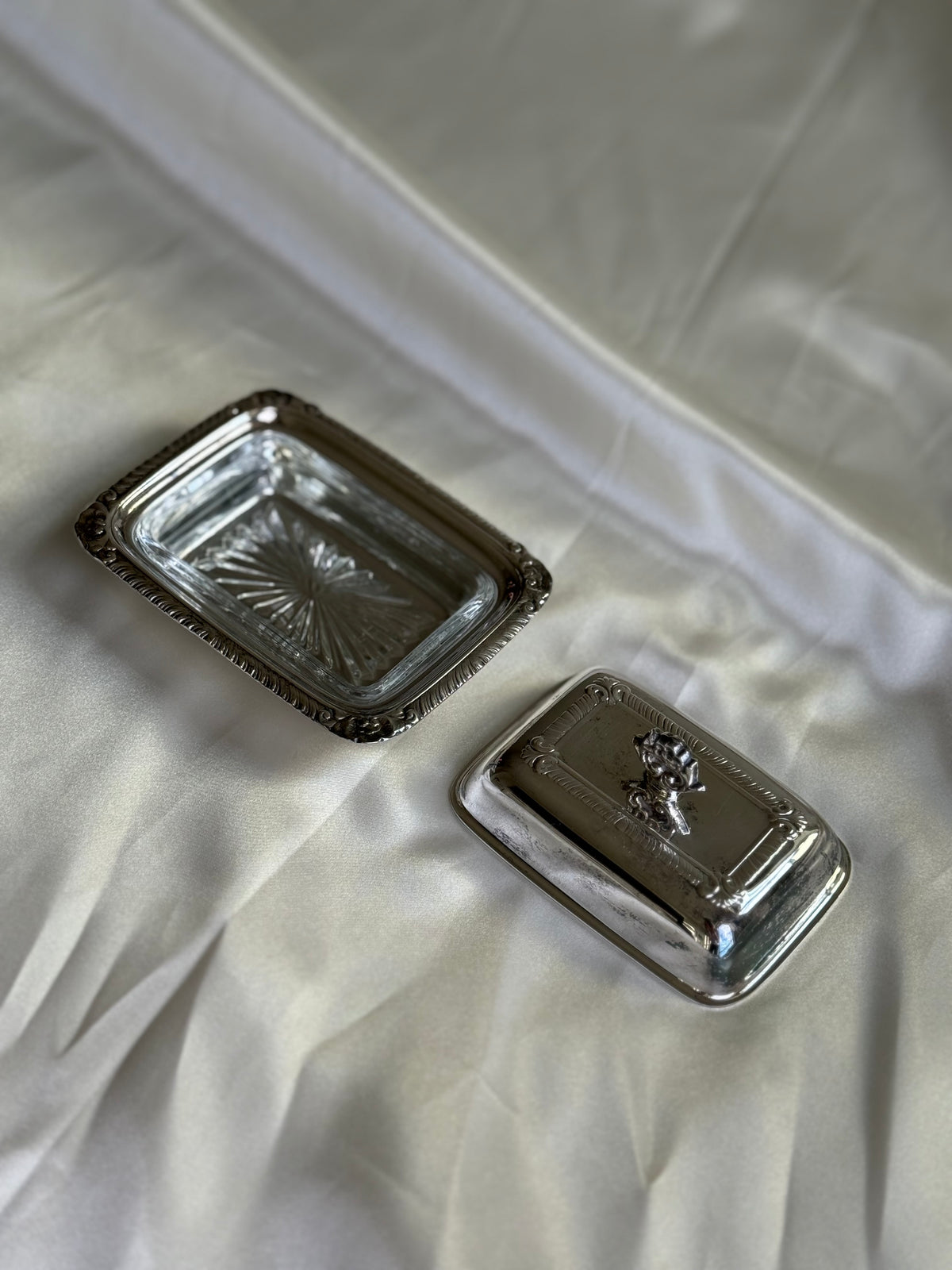 Vintage Silver-Plated Butter Dish & Mother-of-Pearl Serving Knife