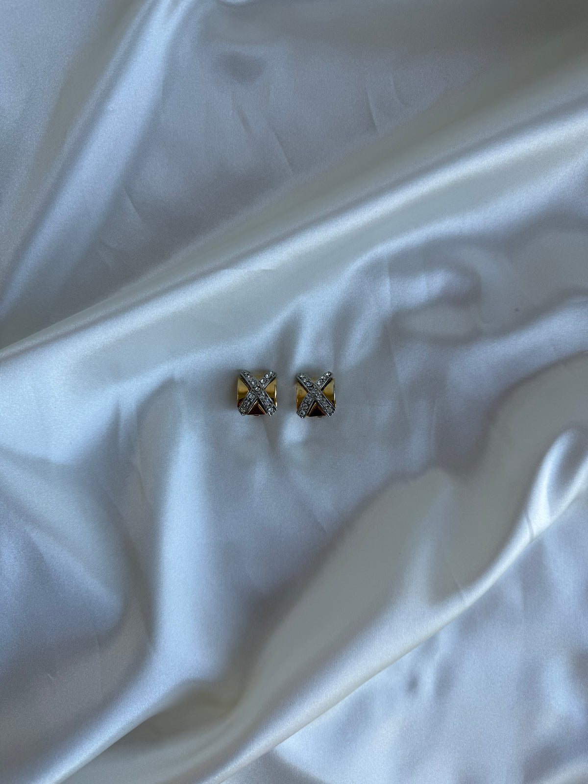 Vintage Two-Tone Rhinestone X Clip-On Earrings
