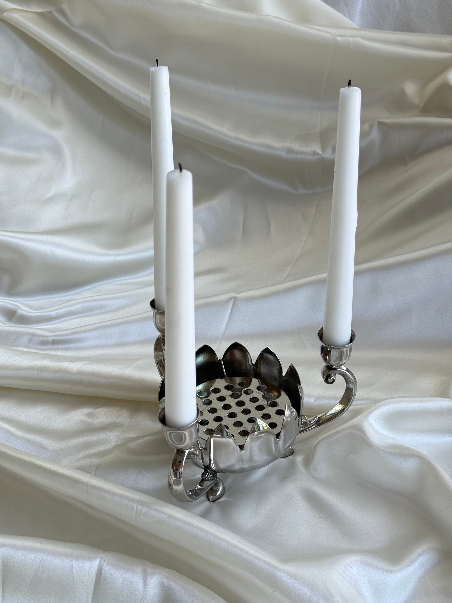 Vintage Silver Plated Floral Frog Candle Holder