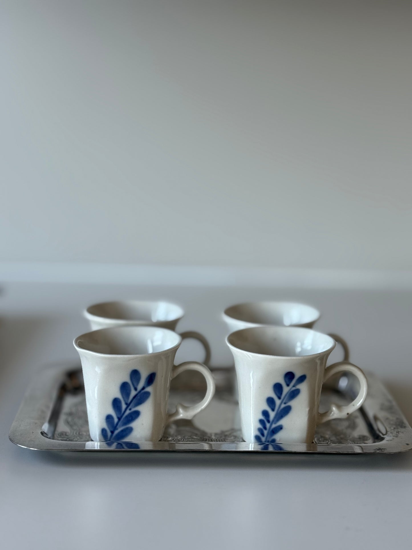 Set of 4 Hand-Painted Ceramic Espresso Cups – Blue Leaf Motif