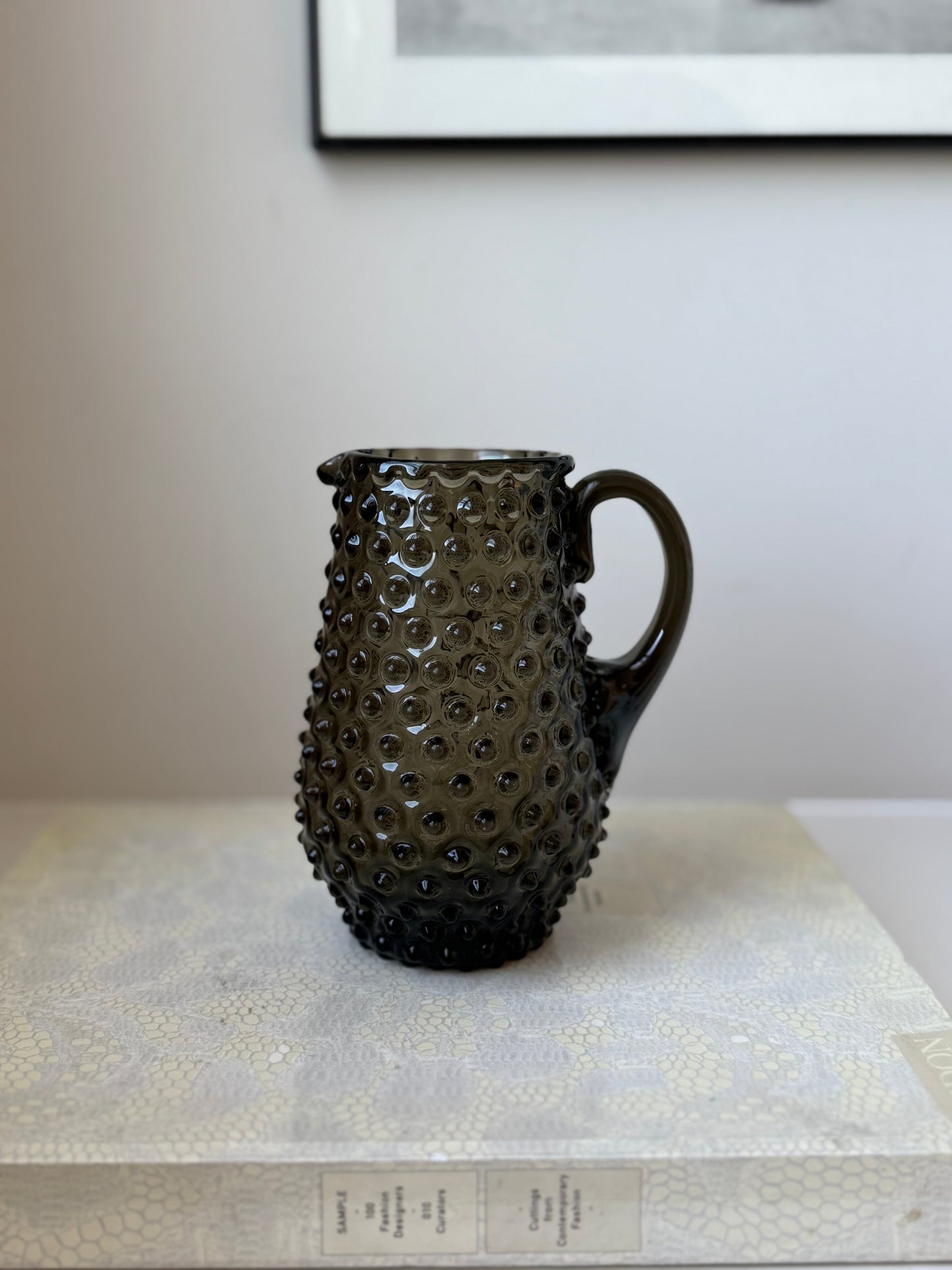 Vintage Smoky Glass Hobnail Pitcher