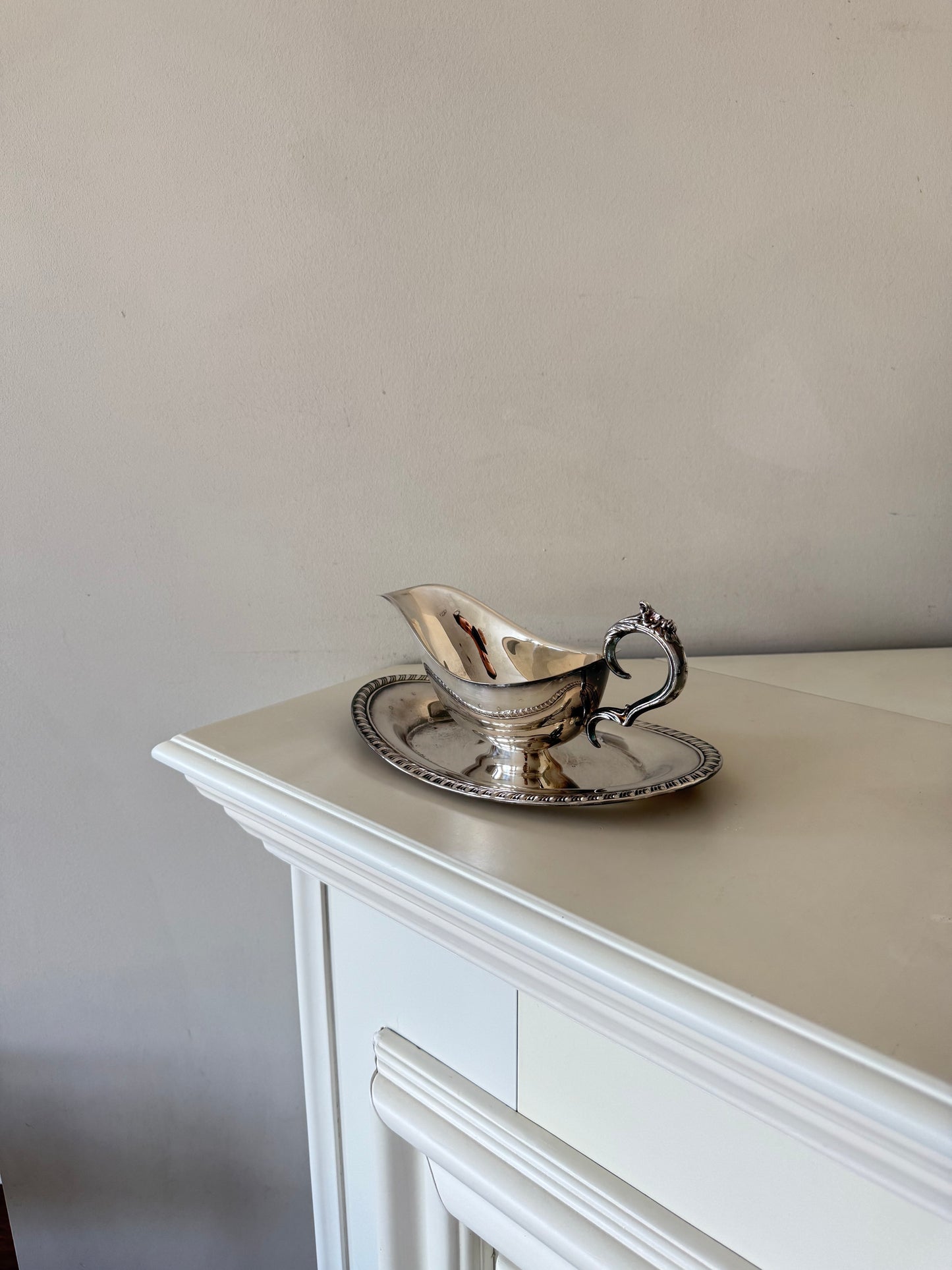 Vintage Silver Plated Gravy Boat with Attached Saucer