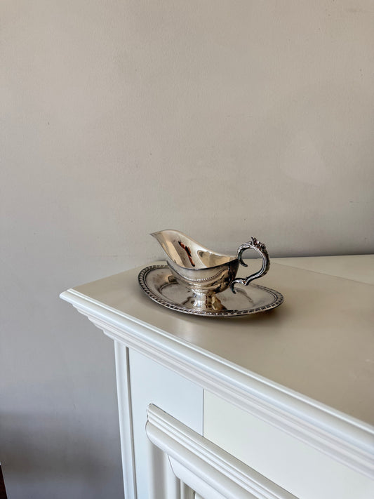 Vintage Silver Plated Gravy Boat with Attached Saucer