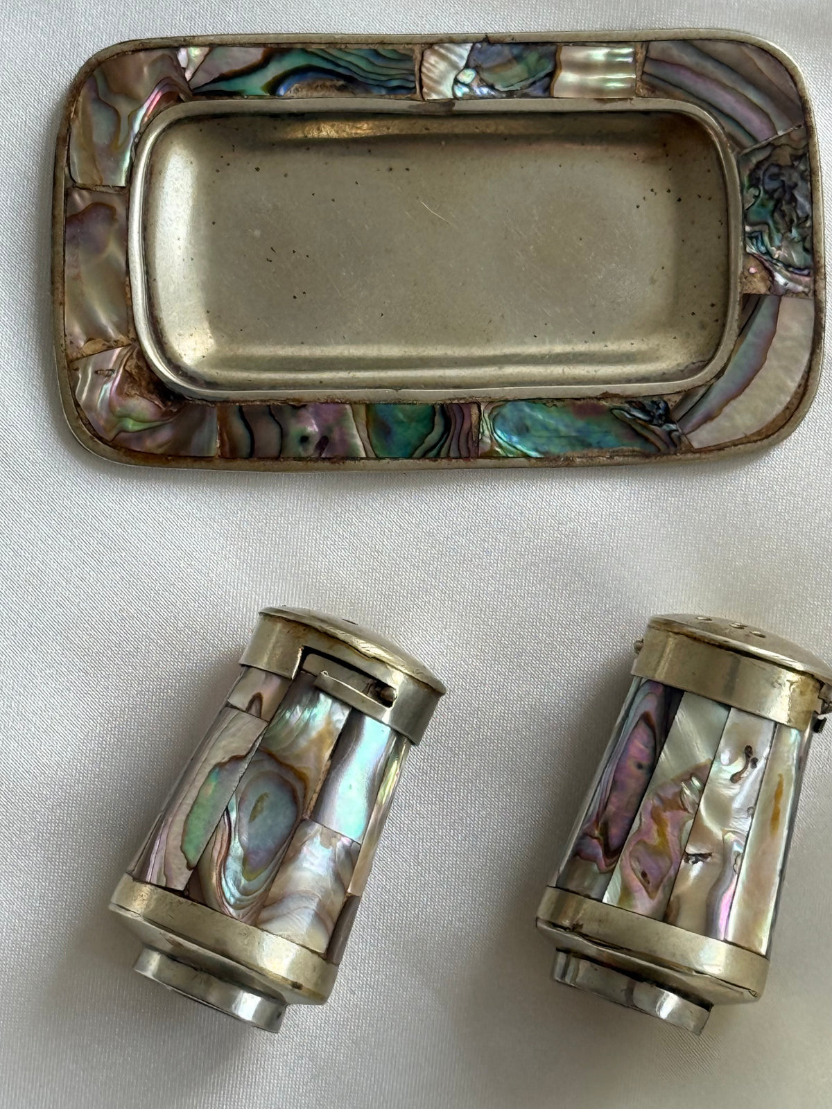 Vintage Abalone Shell Salt & Pepper Shakers with Matching Tray