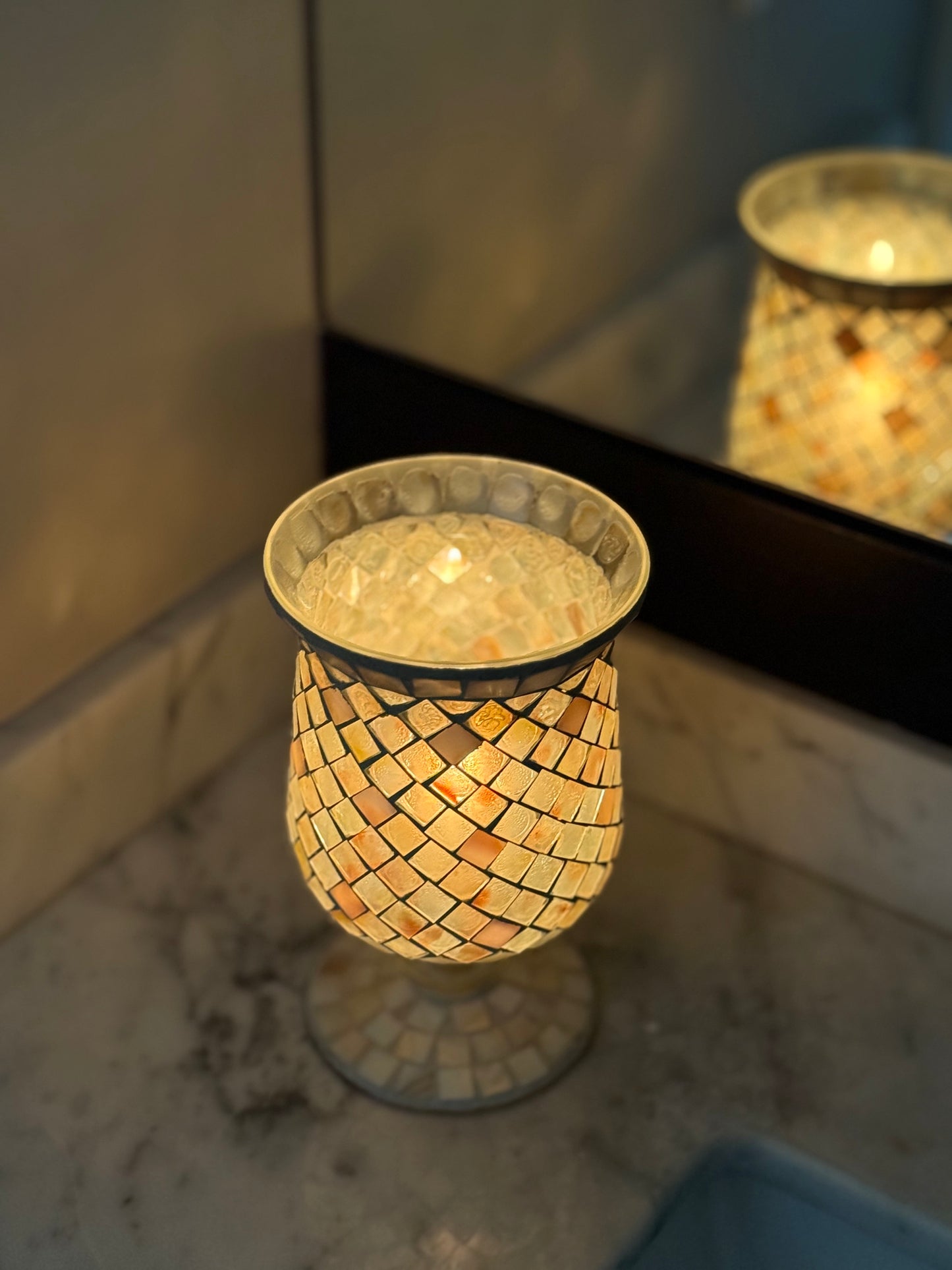 Vintage Mosaic Mother of Pearl Hurricane Candleholder