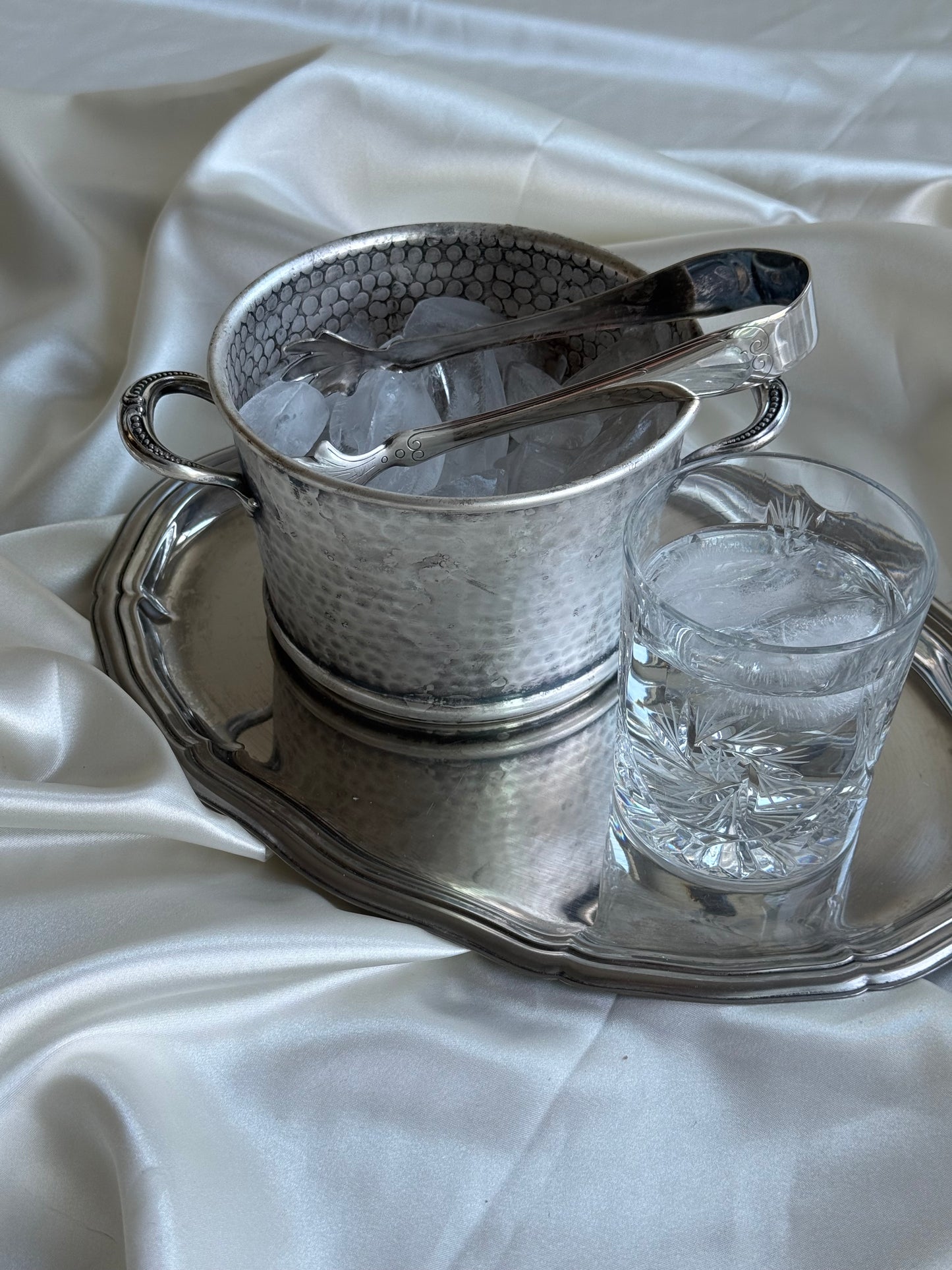 Vintage Primrose Plate Silver-Plated Ice Bucket with Tongs