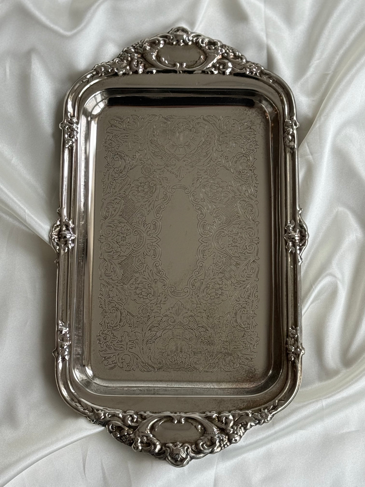 Vintage Ornate Silver Plated Serving Tray with Engraved Floral Detailing