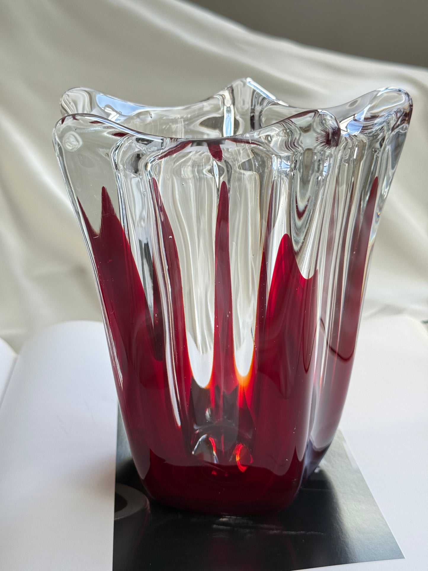 Vintage Murano Style Art Glass Vase – Red & Clear Sculptural Form