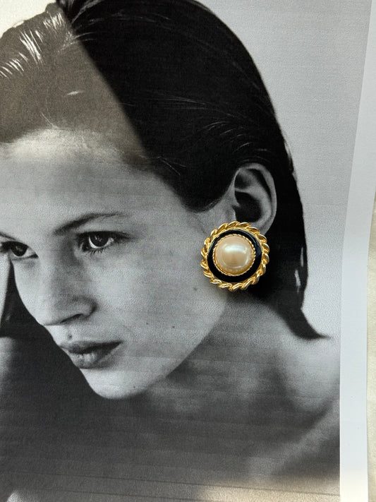Vintage Gold-Tone Clip-On Earrings with Faux Pearl & Black Enamel Detail