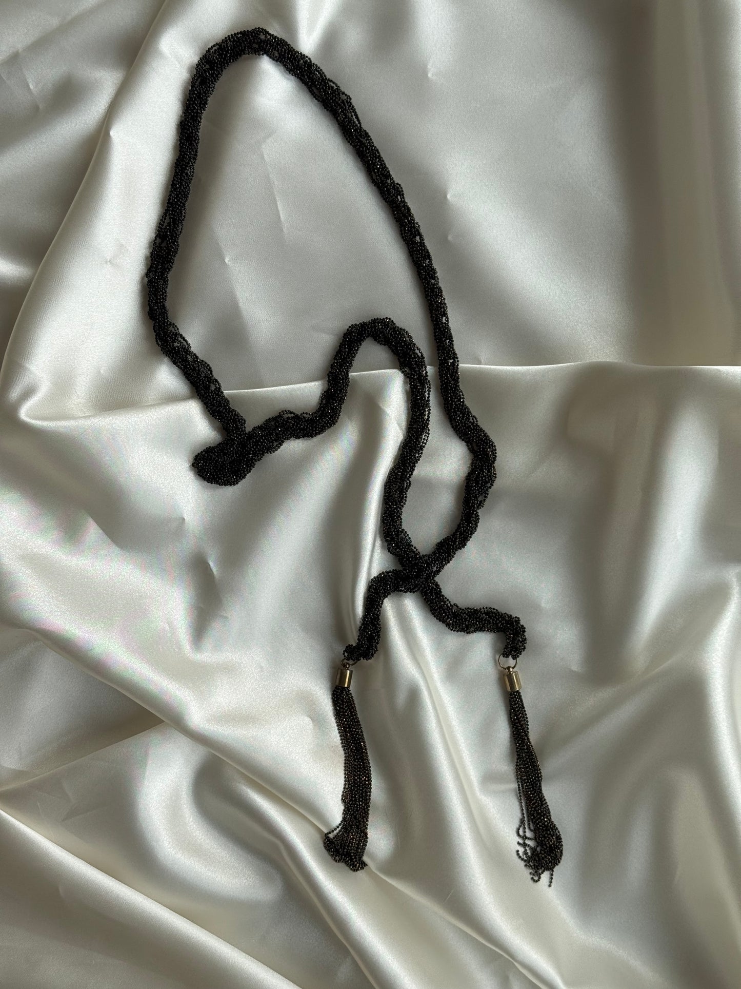 Vintage Black Seed Bead Tassel Necklace